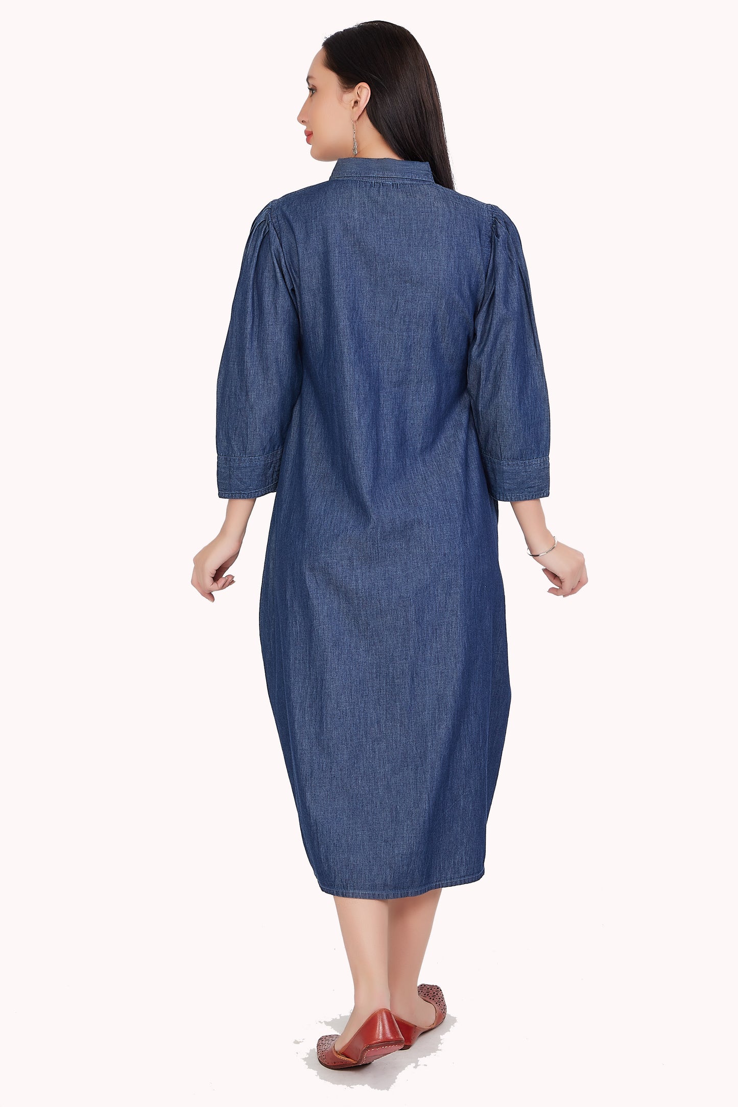 Back view of Cefalu Women's Dark Blue Maternity Dress, highlighting the calf-length and overall fit.