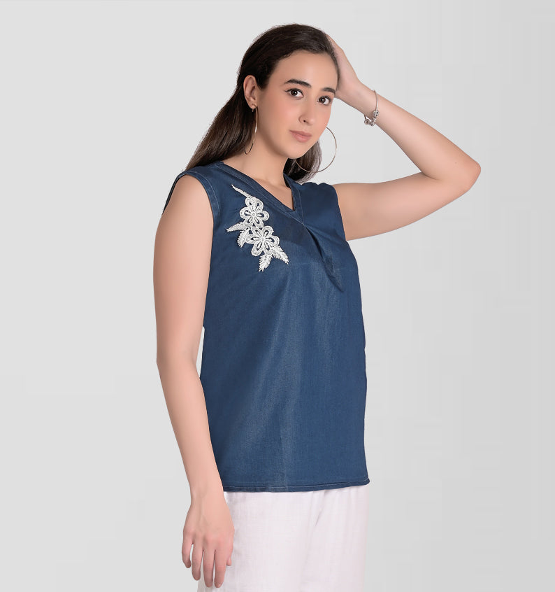 Cefalu®️ Women’s Denim Top - Blue Sleeveless V-Neck & Stylish Patchwork