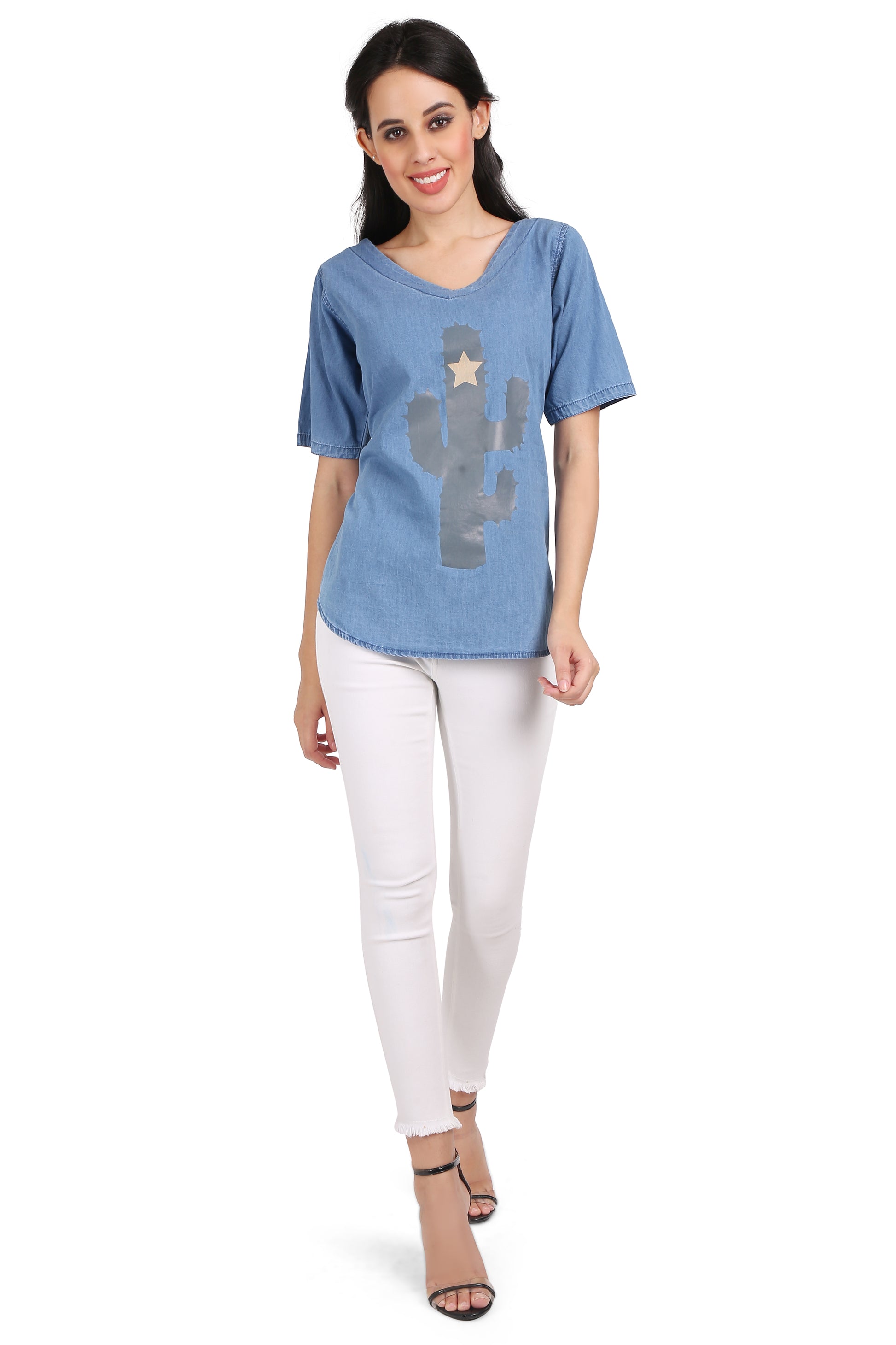 Full Model View of Cefalu Women's Blue Printed Denim Top - Casual Half Sleeve with V-Neck and Hip Length Cut