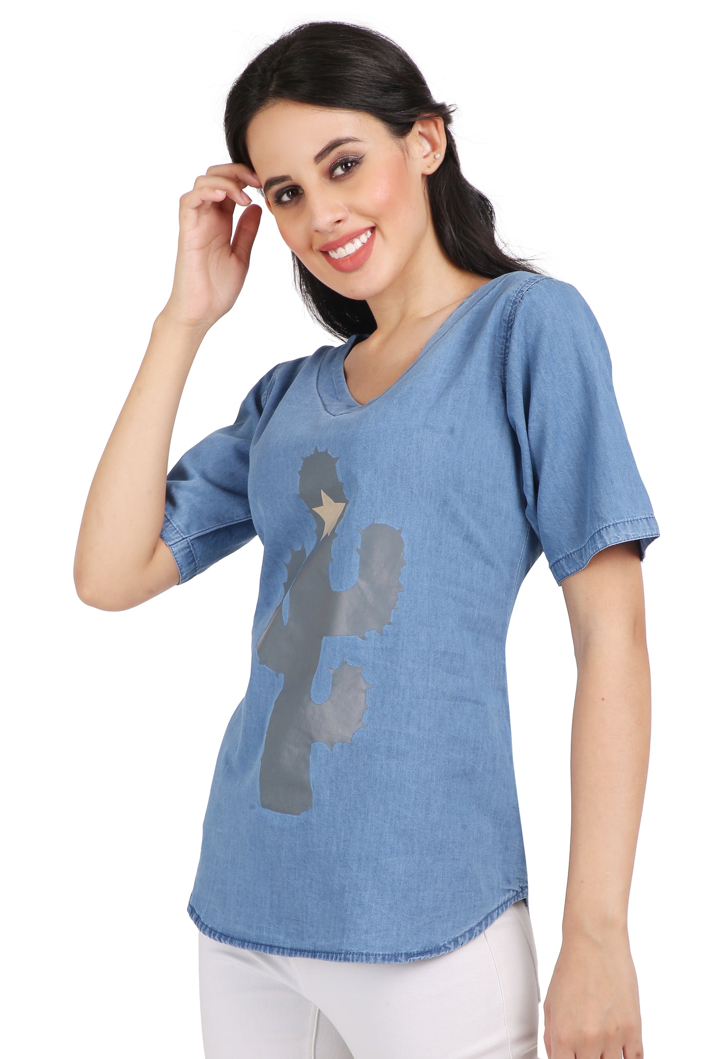 Side View of Cefalu Women's Blue Printed Denim Top - Half Sleeve and V-Neck Style