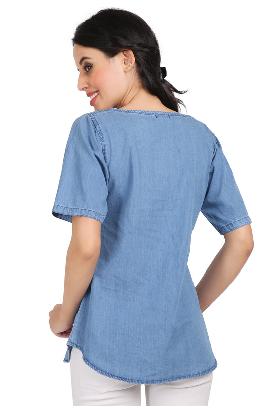 Back View of Cefalu Women's Blue Printed Denim Top - Casual Design with Hip Length
