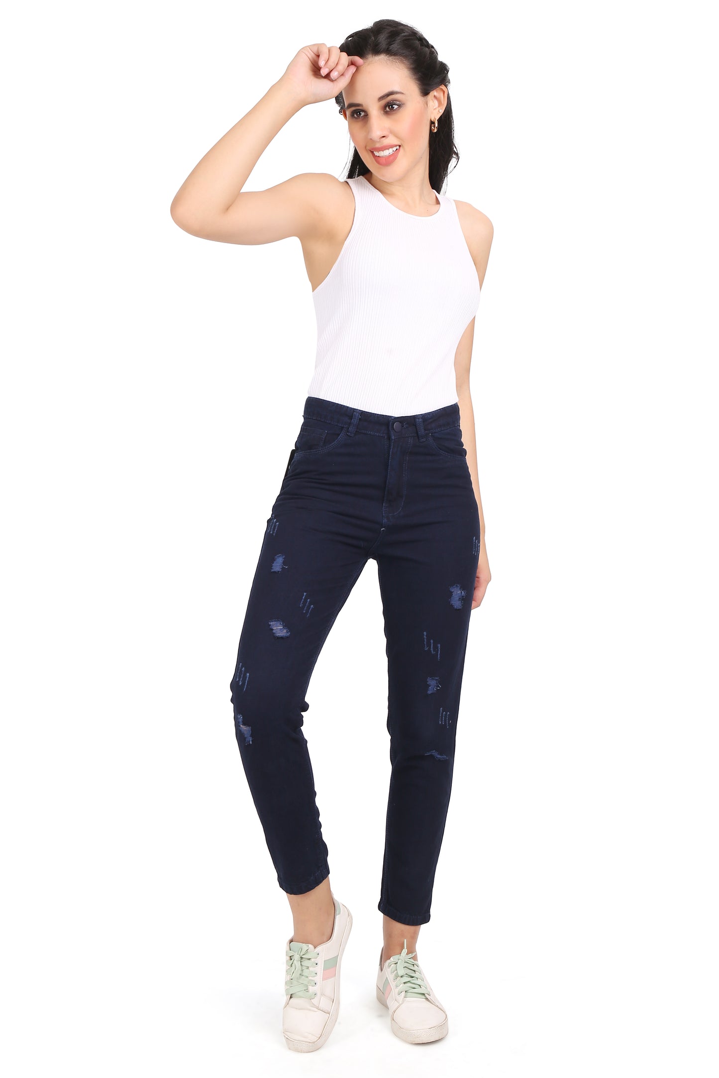 Cefalu®️ Women’s Dark Blue Mom Jeans | High Waist with Trendy Distressed Detailing