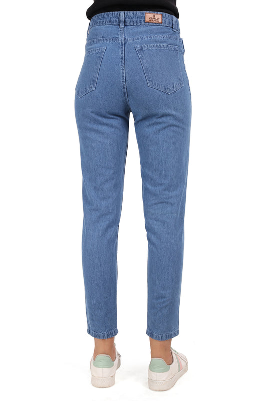 Back view of Cefalu Women’s Blue High-Waist Mom Jeans, highlighting the stylish distressing and smooth, tailored fit with artistic cat sketches.