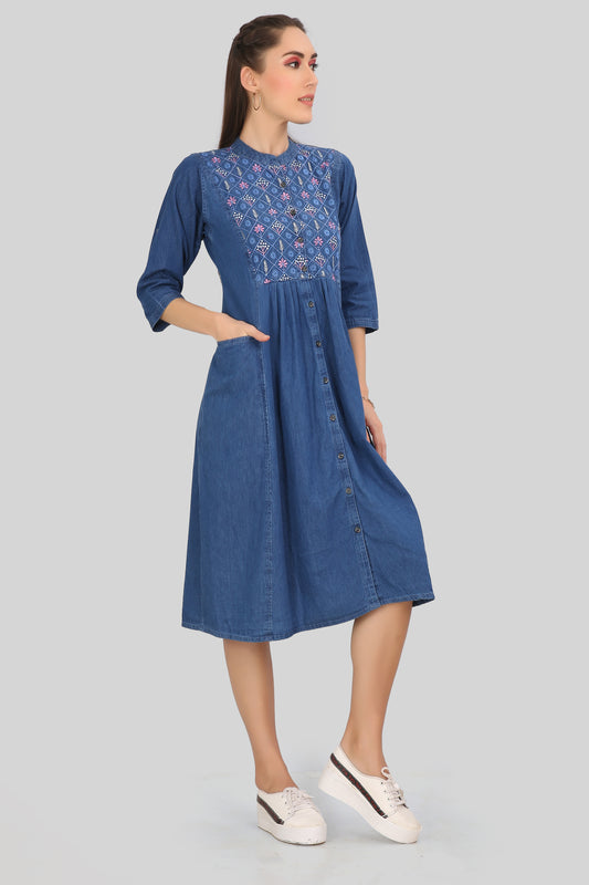 Close-Up of Pink and Blue Embroidery on Cefalu Denim A-Line Dress for Women