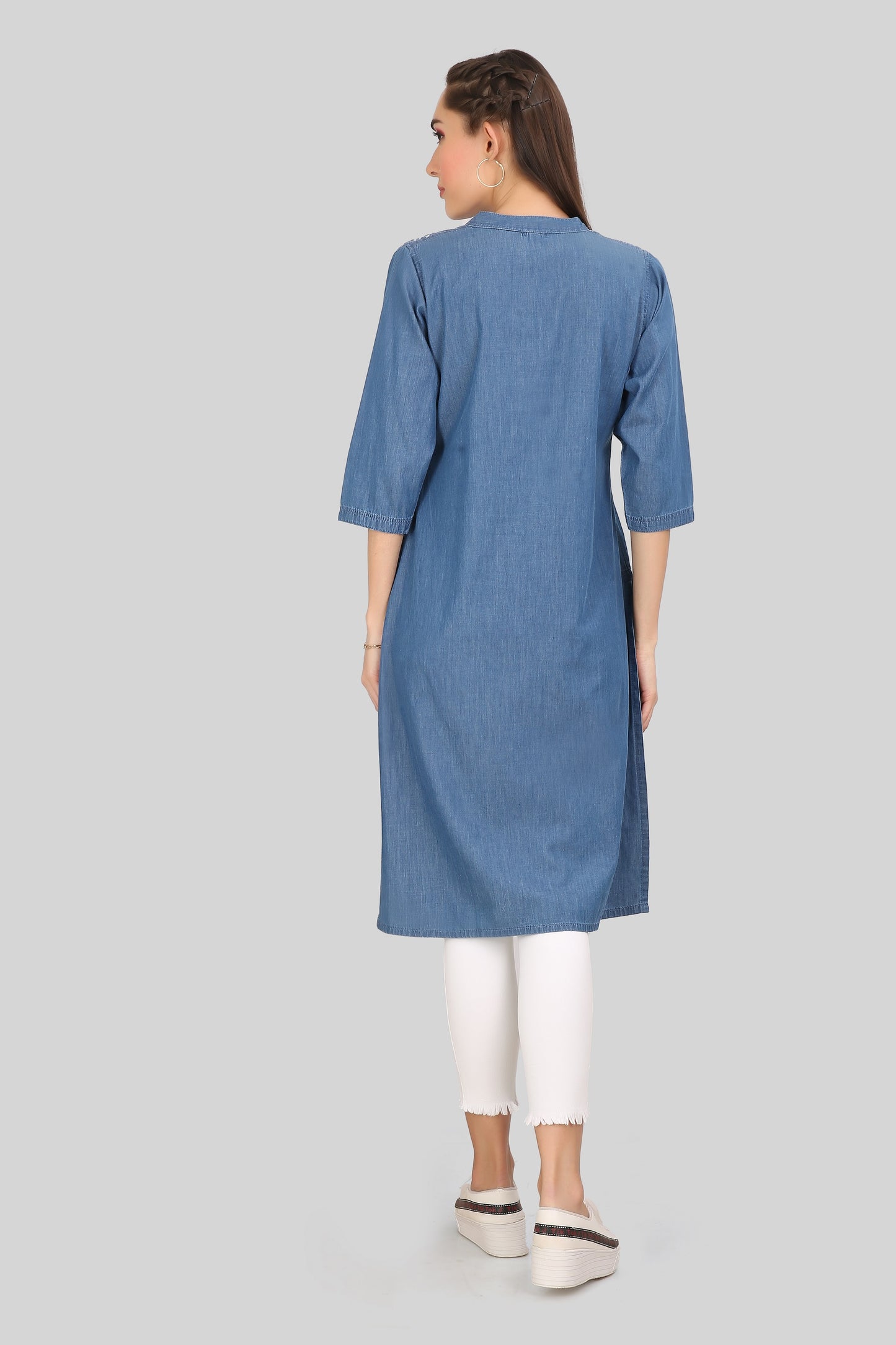Back View of Cefalu Women’s Blue Denim Kurti – Features Embroidery Detail, Knee Length, and Straight Fit