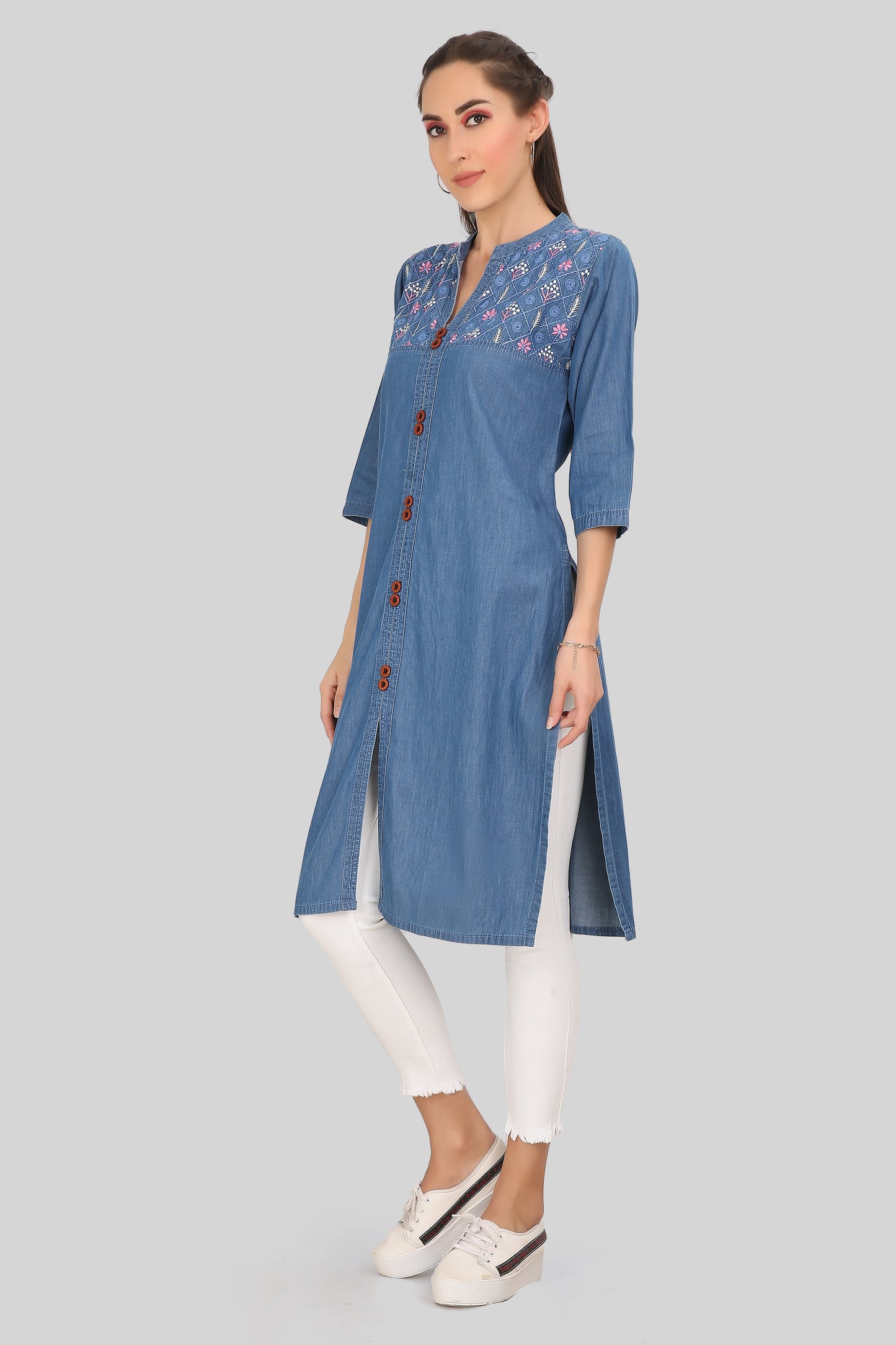 Side View of Cefalu Women’s Blue Denim Kurti with Side Slit and 3/4 Sleeves