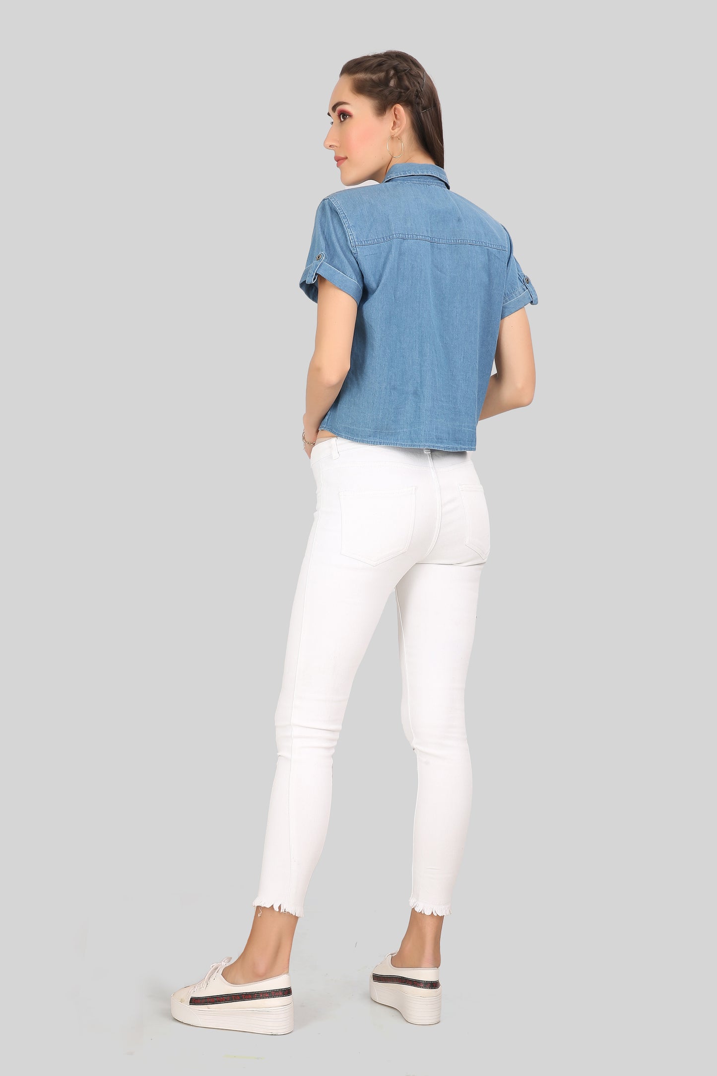 Back view of Cefalu Women’s Blue Denim Shirt demonstrating regular fit and overall design.