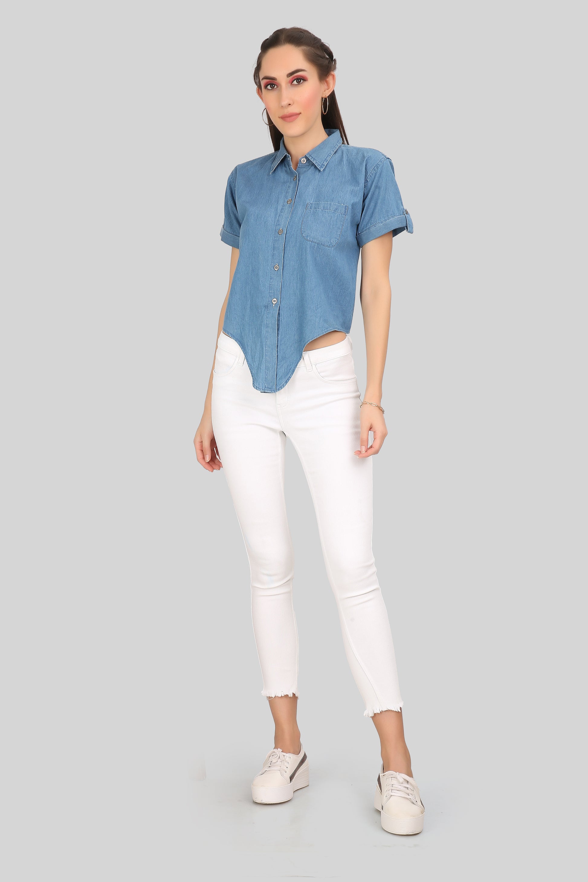 Cefalu Women’s Blue Denim Shirt - Full front view showcasing knotted design, collared neck, and half sleeves.