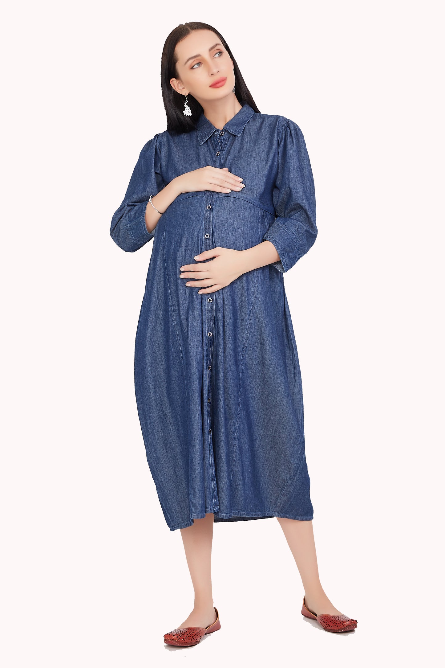 Front view of Cefalu Women's Dark Blue Maternity Dress, showcasing the fit & flare design and collared button front.
