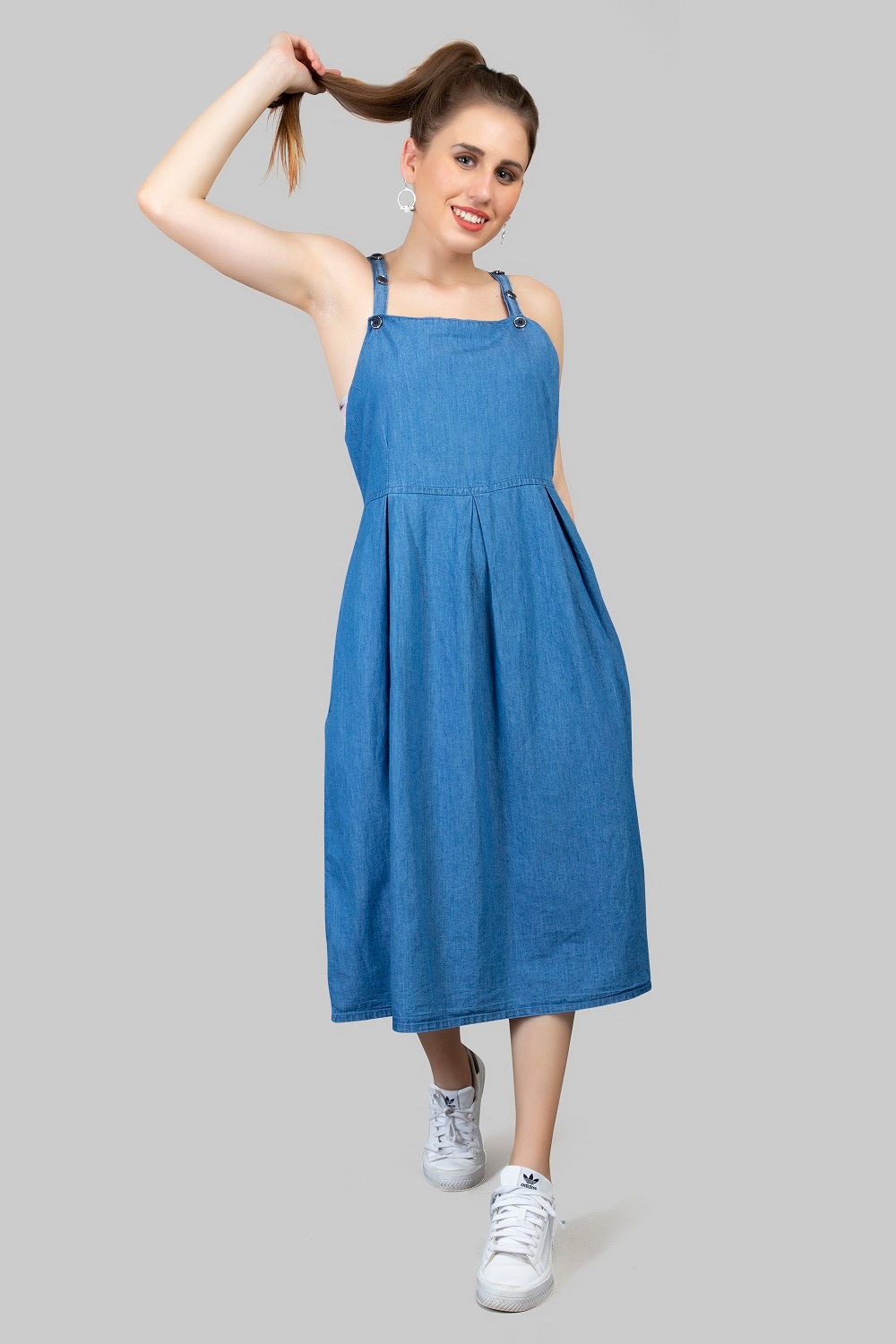Front View of Cefalu Women's Blue Denim Midi Dress - Sleeveless Fit & Flare Dangri with Adjustable Straps