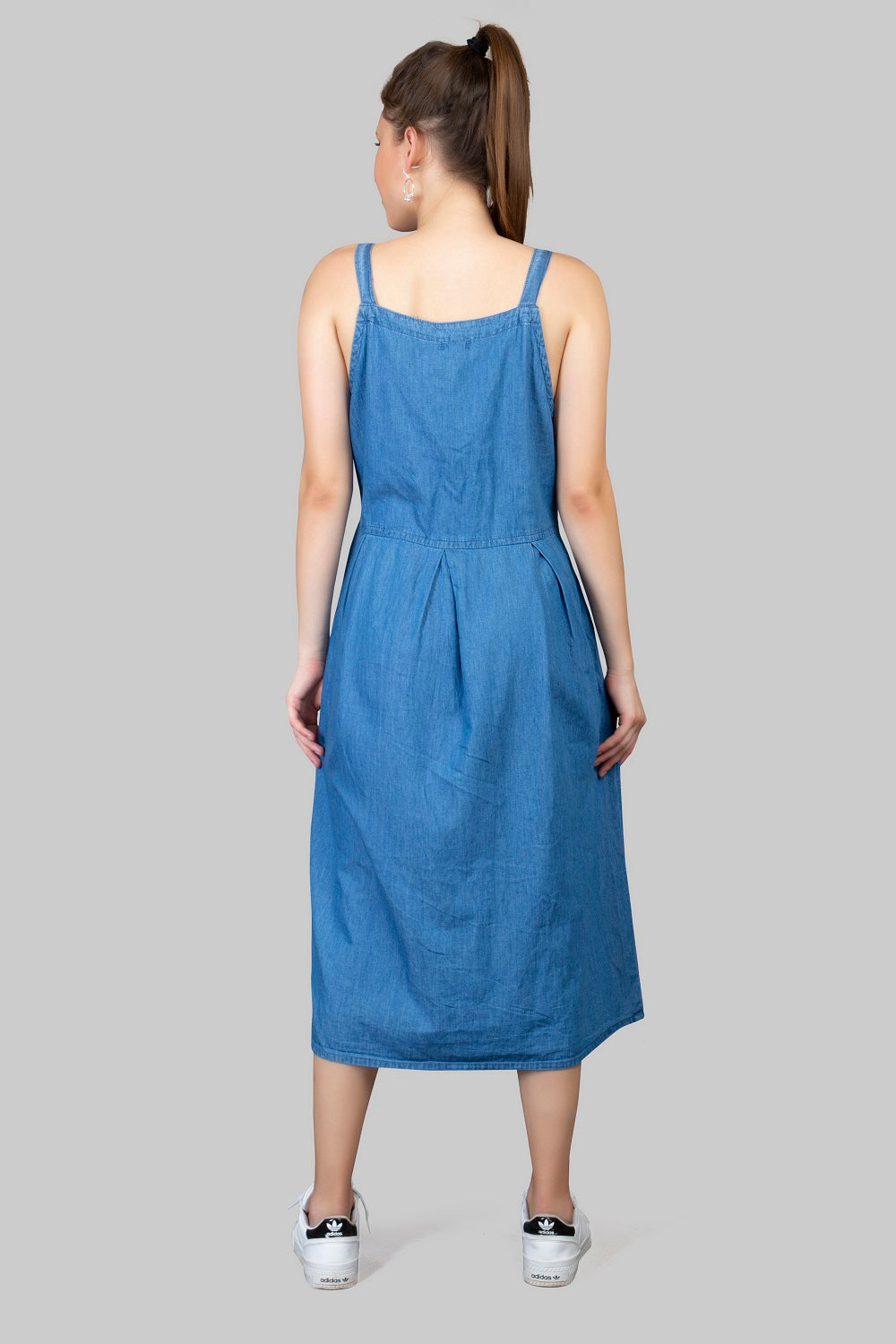 Back View of Cefalu Women's Blue Denim Midi Dress - Sleeveless Fit & Flare Dangri with Adjustable Straps