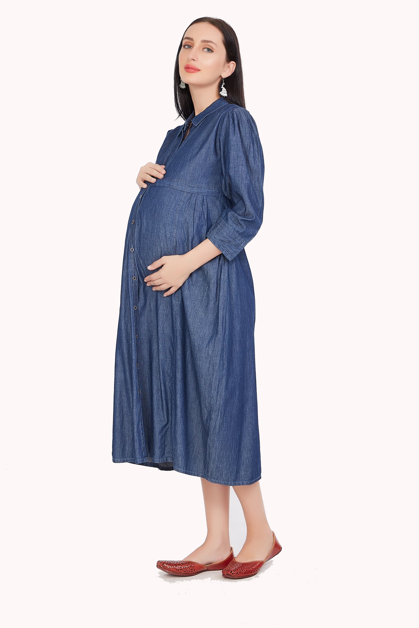 Model wearing Cefalu Women's Dark Blue Maternity Dress, demonstrating the fit, style, and practical features of the dress.