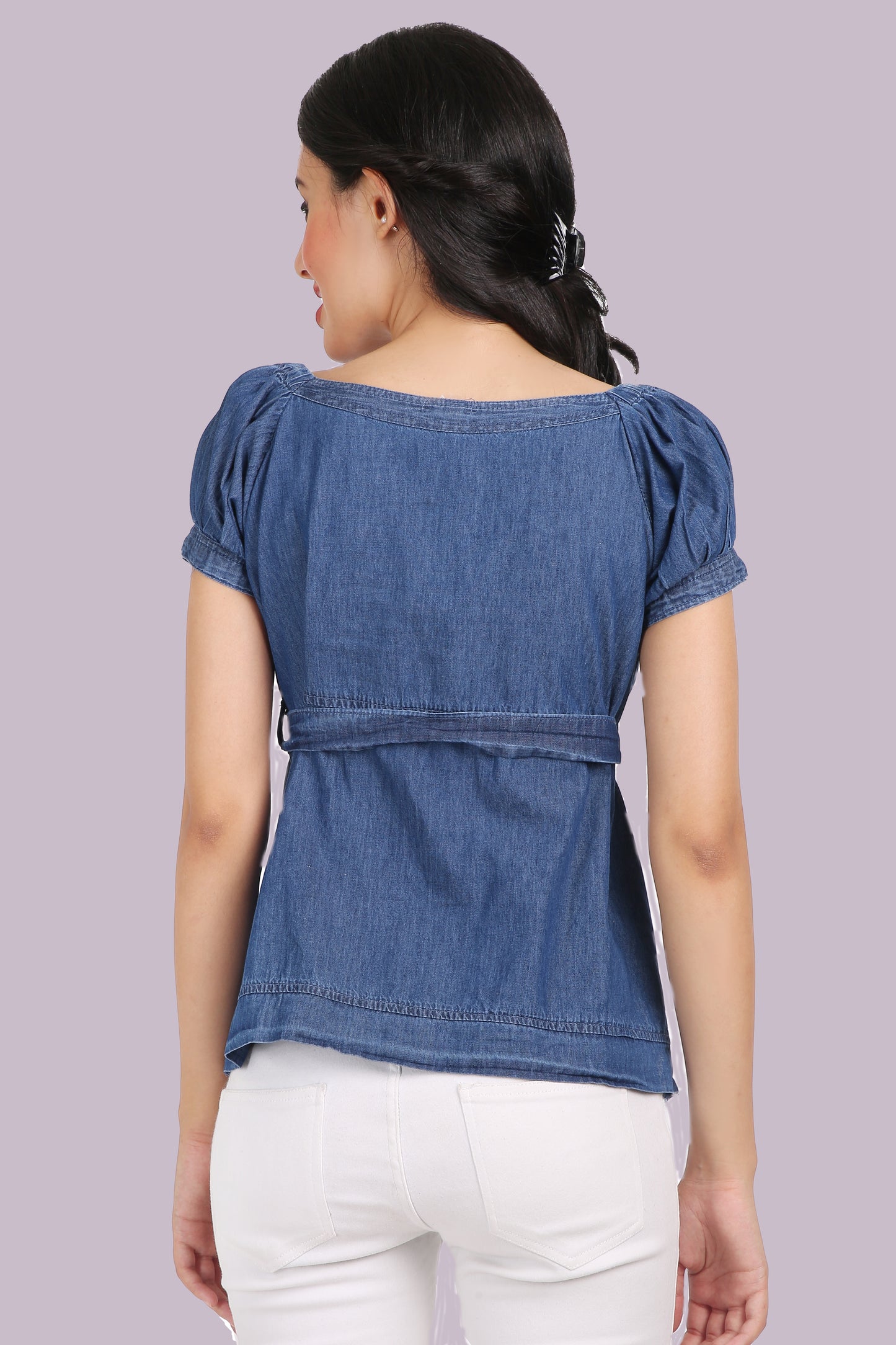 Back View of Cefalu Women's Blue Denim Top with Puff Sleeves and Denim Belt