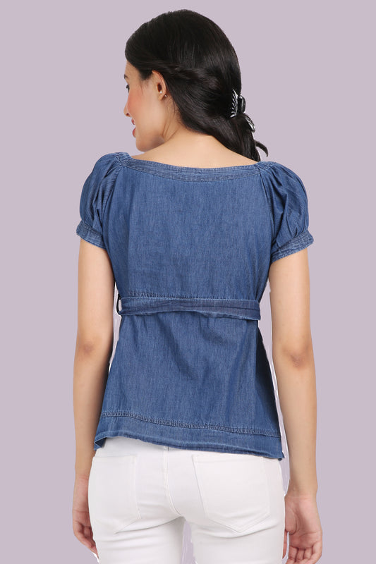 Back View of Cefalu Women's Blue Denim Top with Puff Sleeves and Denim Belt