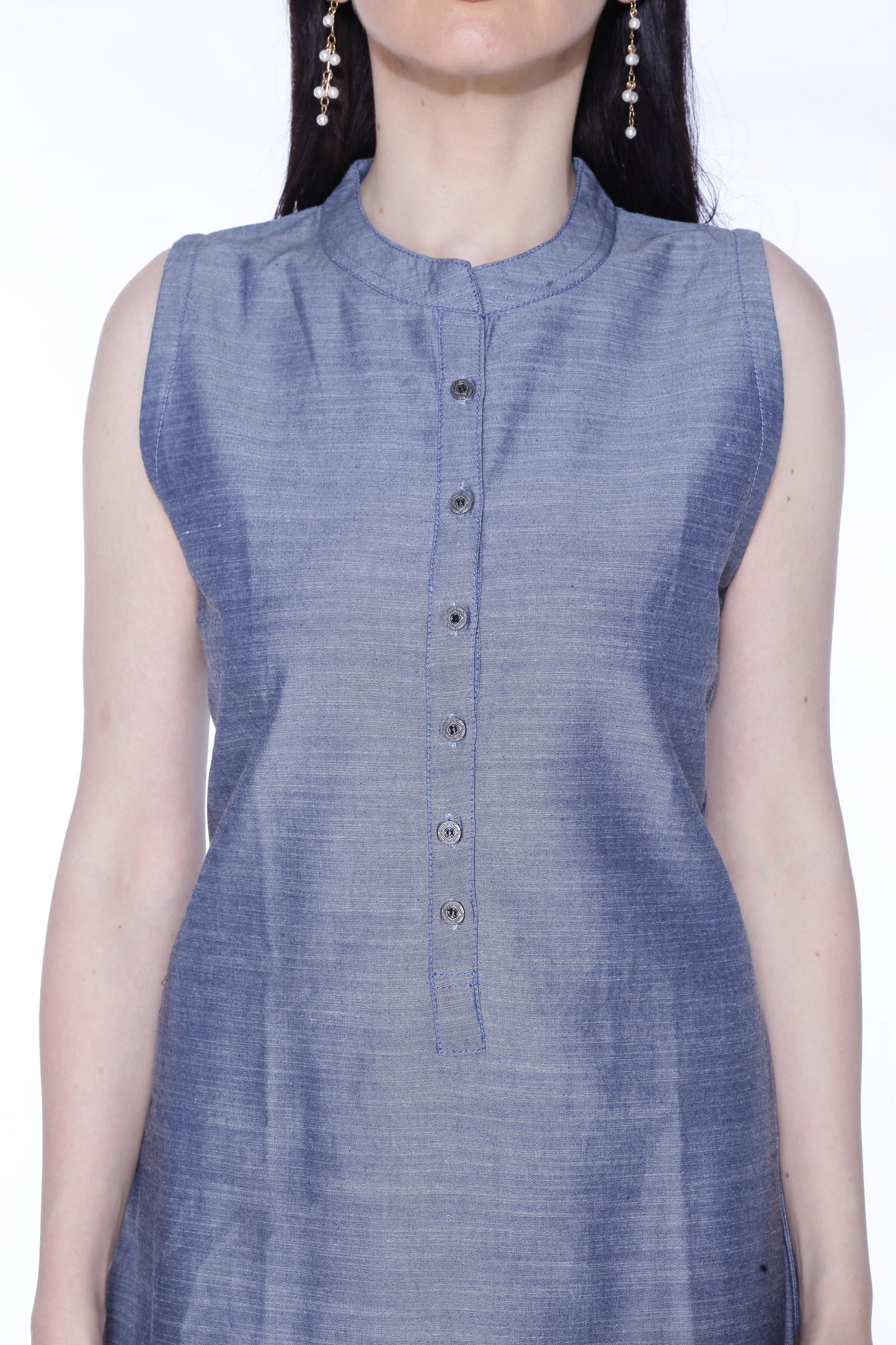 Cefalu Women’s Blue Solid Denim Kurti - Cotton Blend, Sleeveless (Sizes M to XXL)