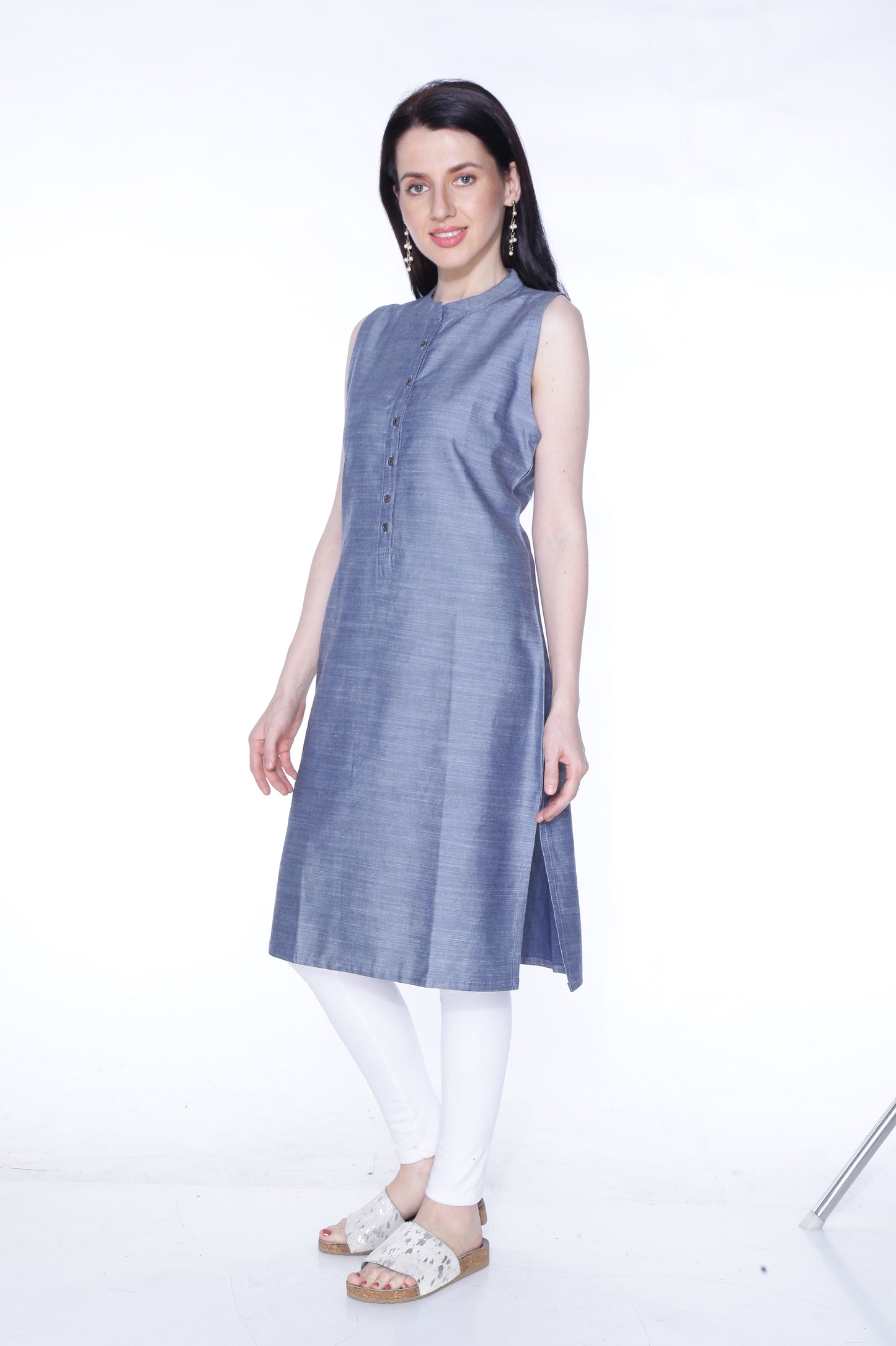 Cefalu Women’s Blue Solid Denim Kurti - Cotton Blend, Sleeveless (Sizes M to XXL)