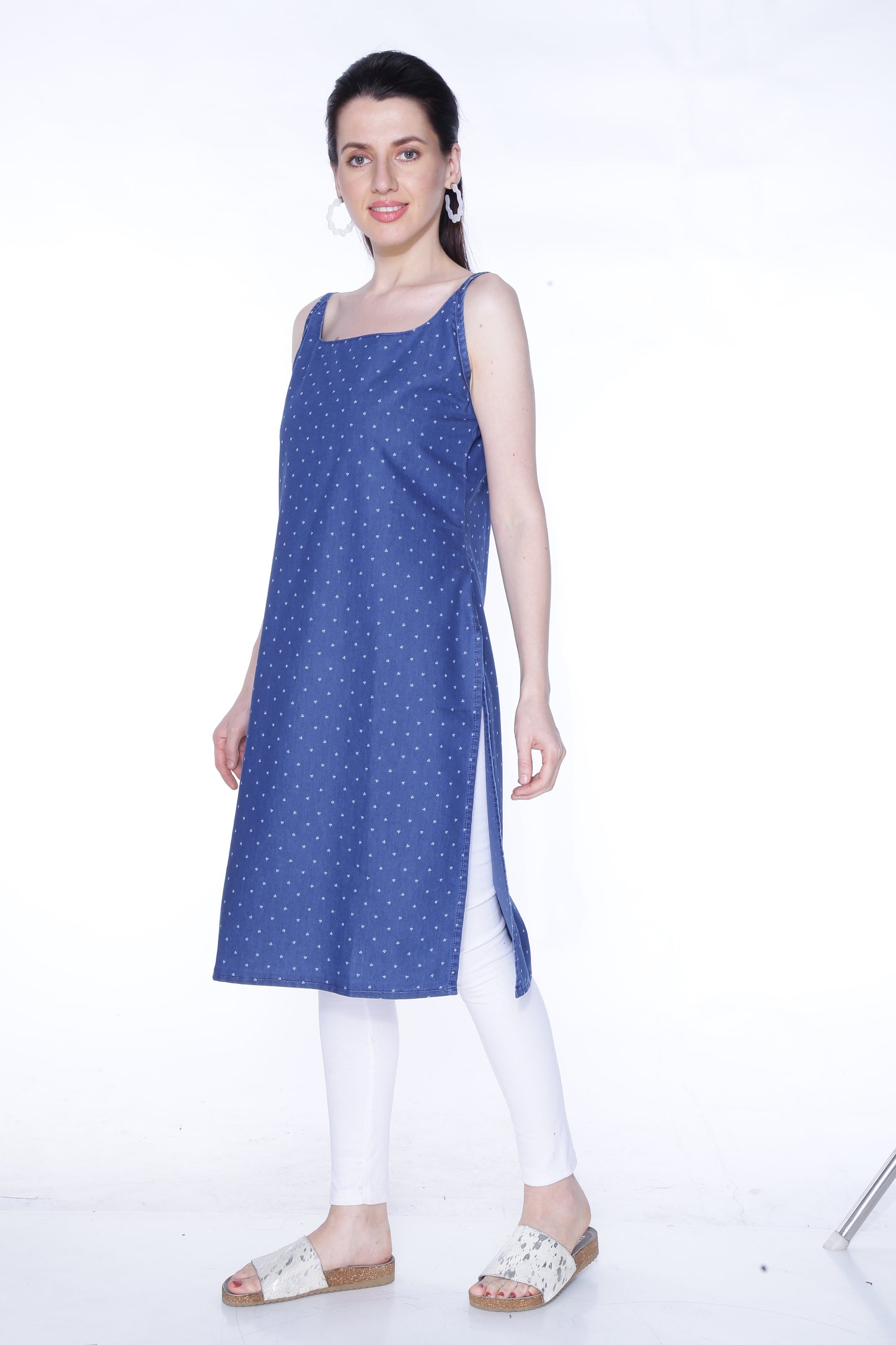Cefalu Women’s Blue Printed Denim Kurti - Cotton Blend, Sleeveless (Sizes S to XXL)