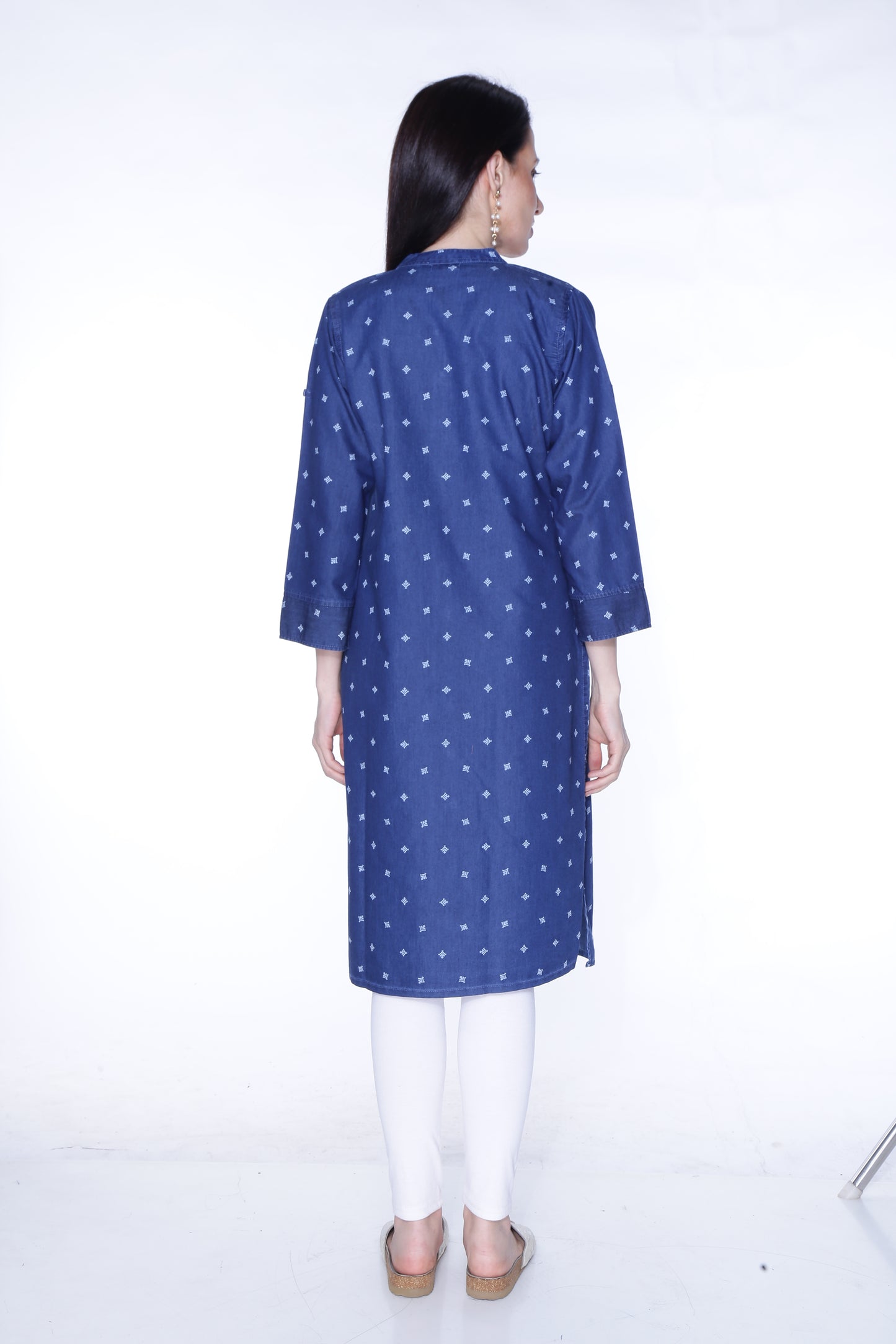 Back view of Cefalu®️ Women's Blue Printed Denim Kurti, emphasizing the straight cut and printed pattern.