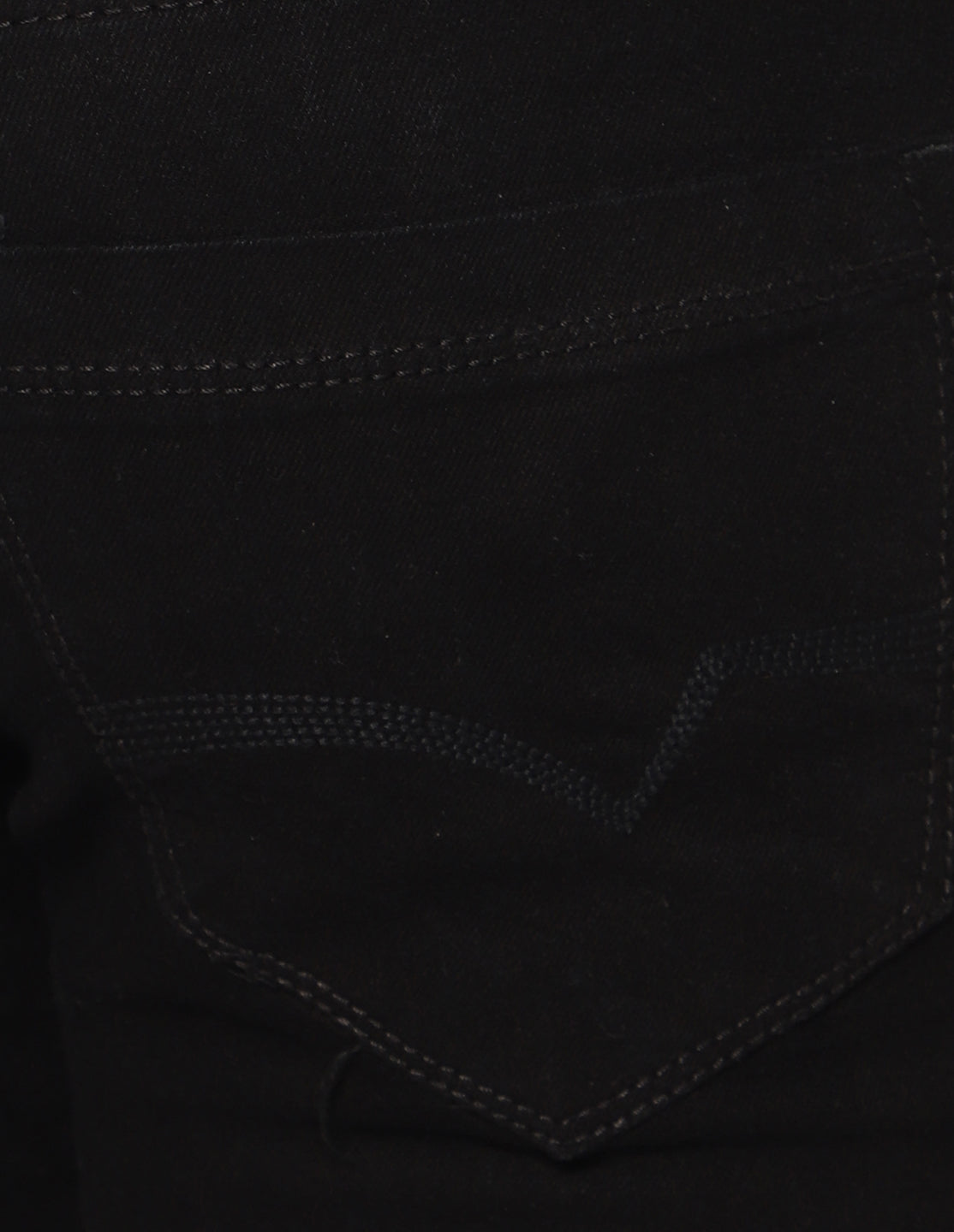 Close-up of the back pocket on TCI Men's Regular Fit Stretchable Black Denim Jeans, showcasing the quality stitching and design.