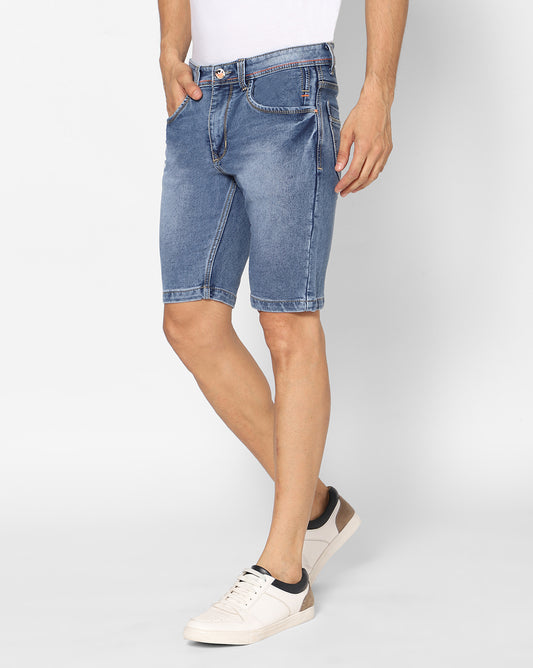 Side view of TCI Men’s Blue Denim Shorts, emphasizing the slim fit and mid-rise waist design.