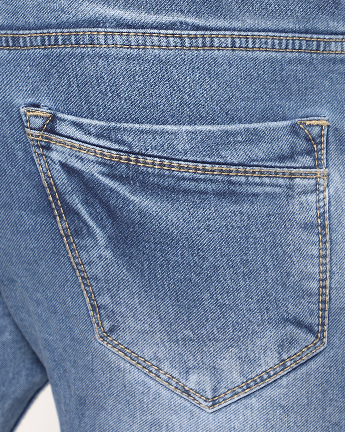 Detail of the back pockets on TCI Men’s Blue Denim Shorts, showing the design and stitching.