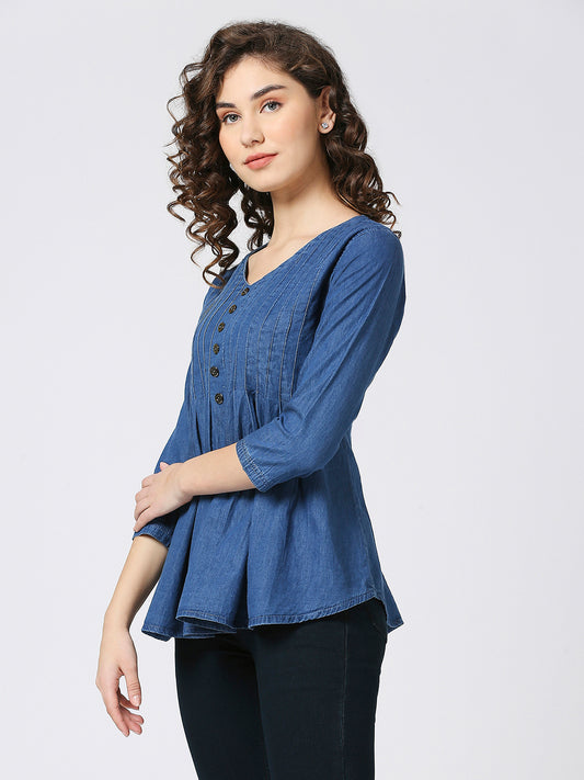 Cefalu®️ Casual Denim top for women with pintuck pattern