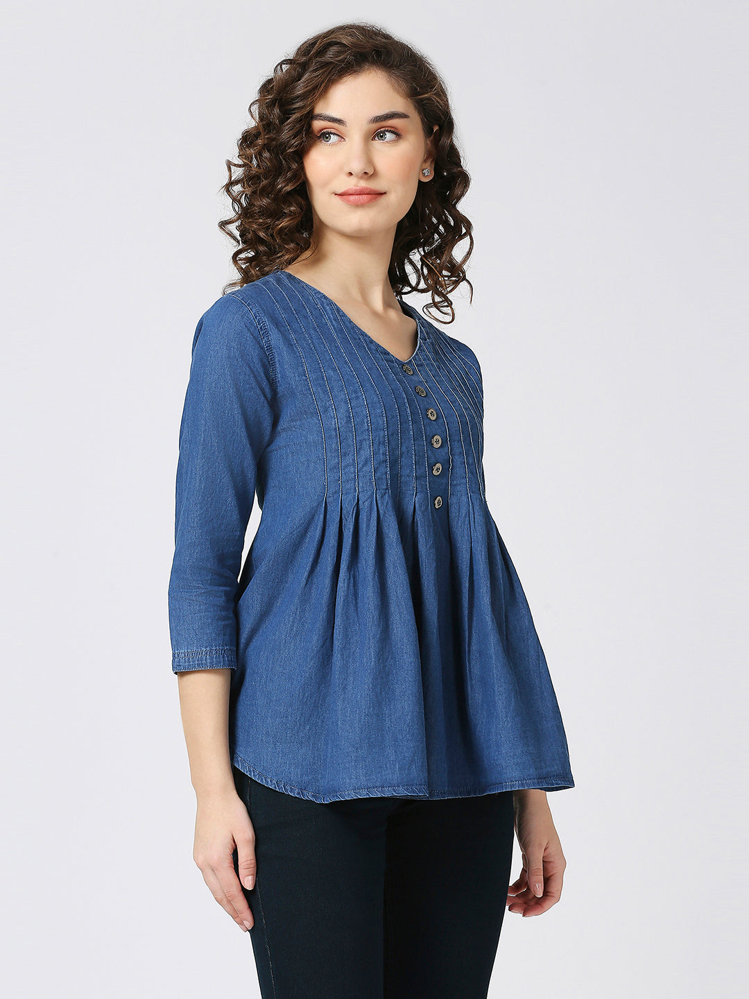 Cefalu®️ Casual Denim top for women with pintuck pattern