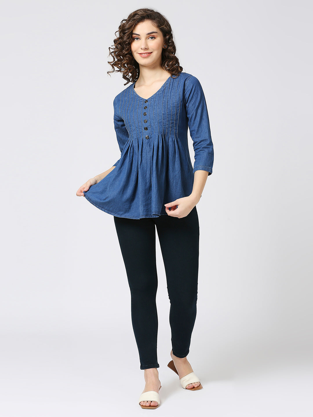 Cefalu®️ Casual Denim top for women with pintuck pattern