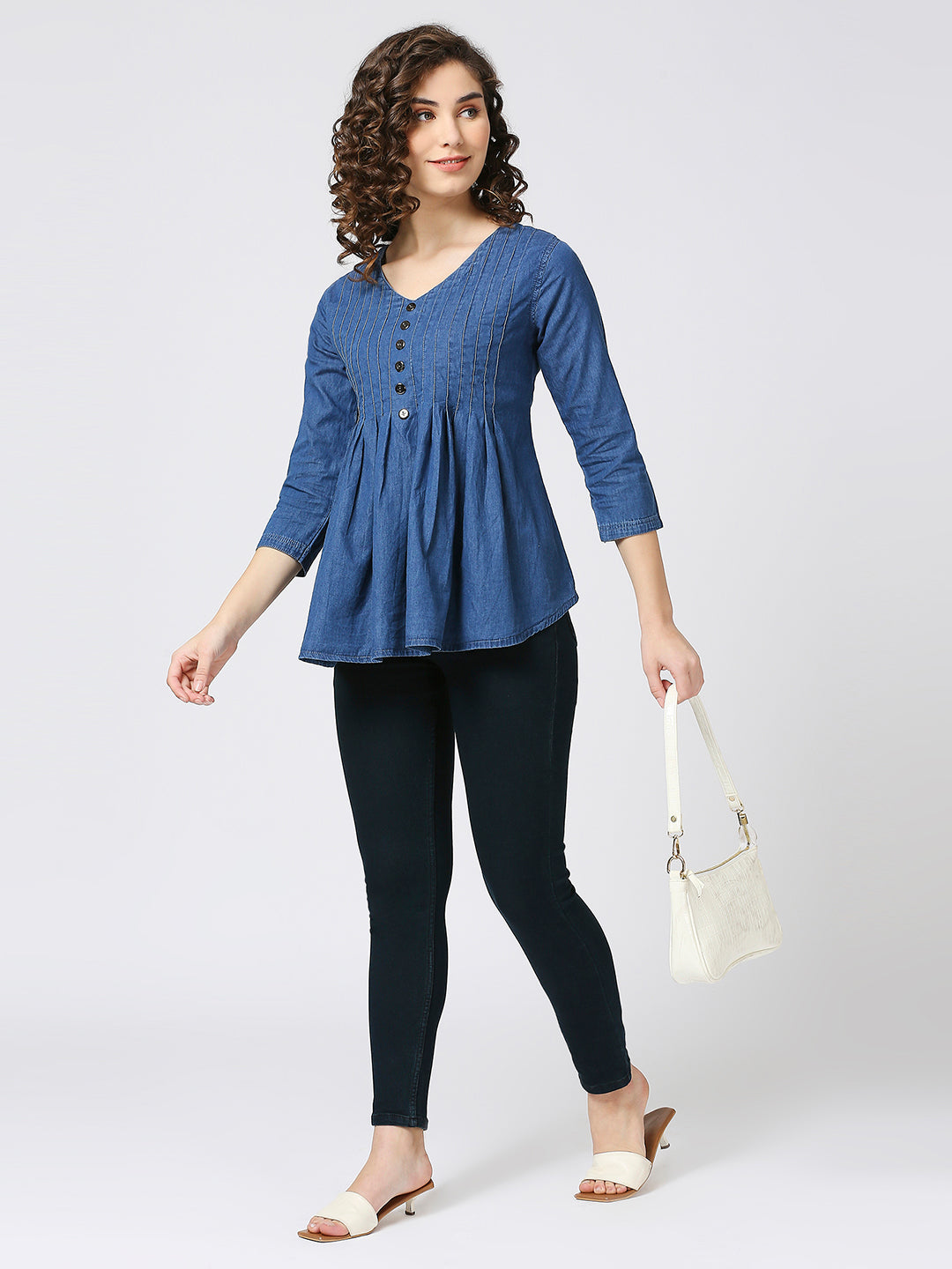 Cefalu®️ Casual Denim top for women with pintuck pattern