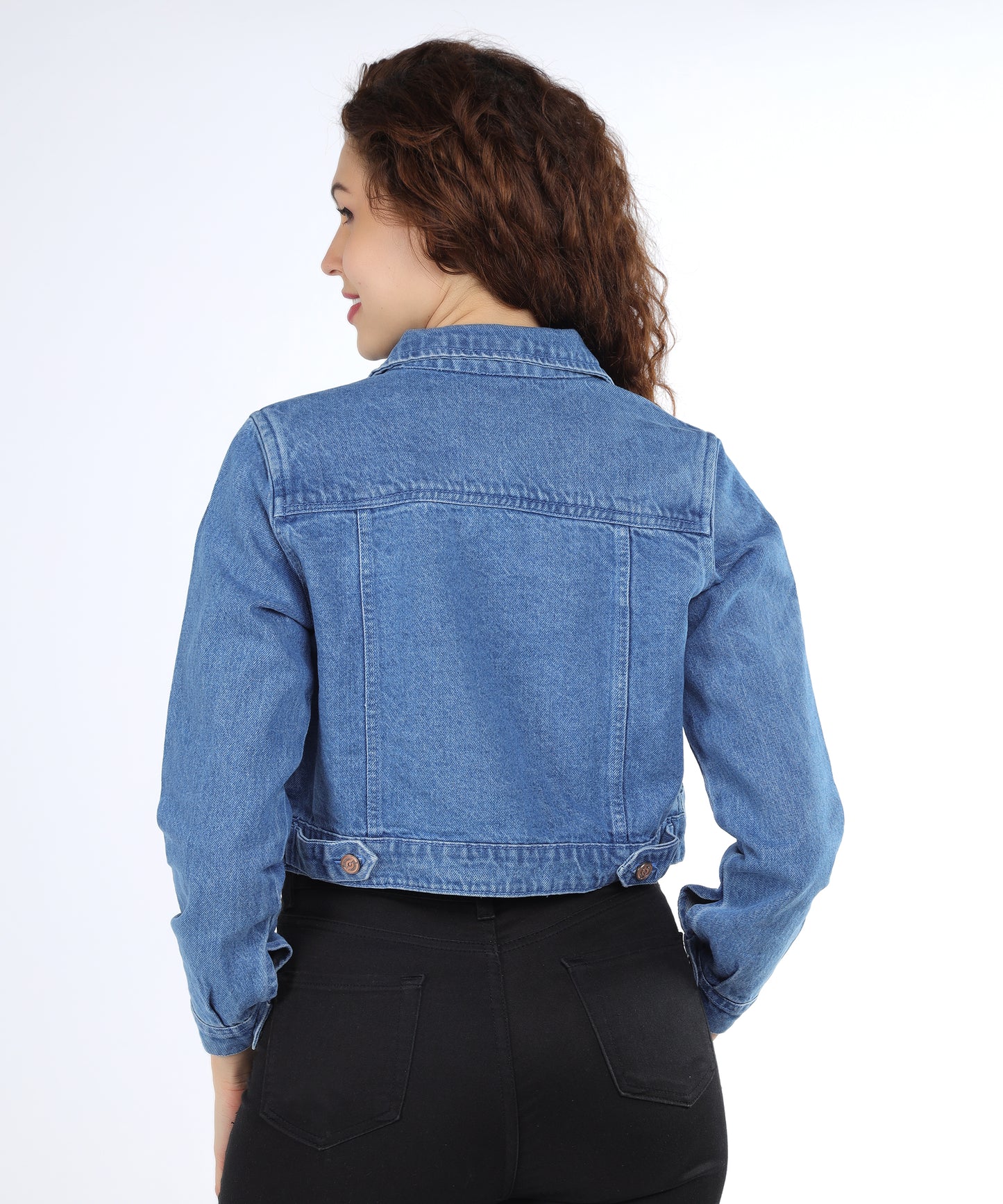 Back view of the Cefalu Women’s Light Blue Full Sleeve Denim Jacket highlighting its modern fit.