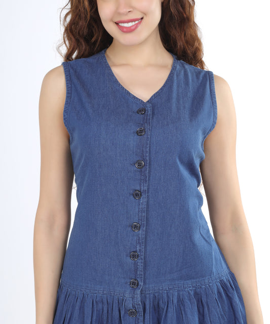 Close-up of the button-down front of the Cefalu Women’s Denim Dress, highlighting design detail.