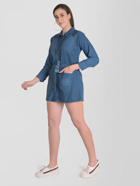 Side view of Women’s Blue Denim Shirt Dress demonstrating the above-knee length and flattering fit with belt.