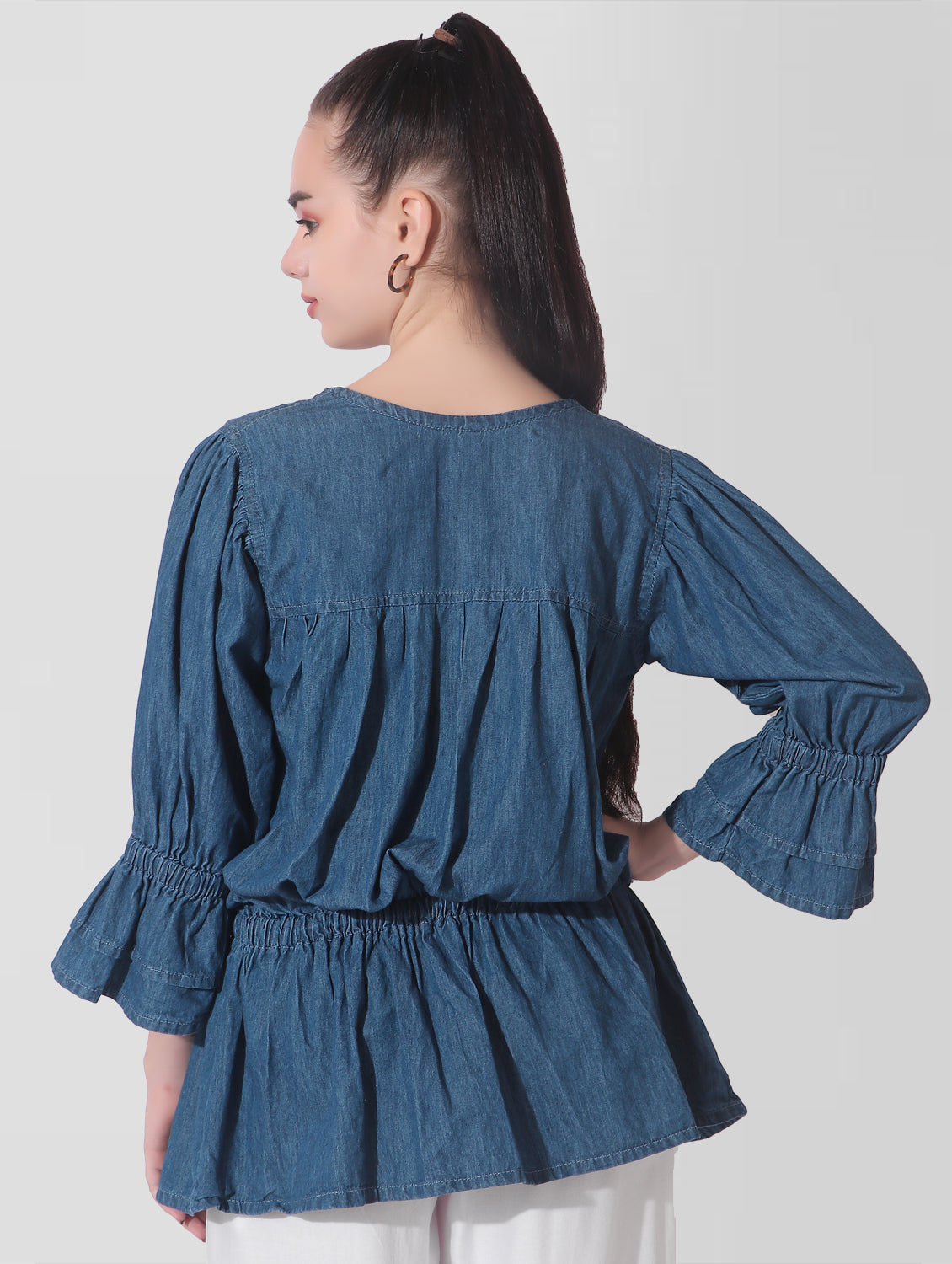 Back view of Casual Women’s Blue Denim Top displaying fit & flare design and fully open button closure.