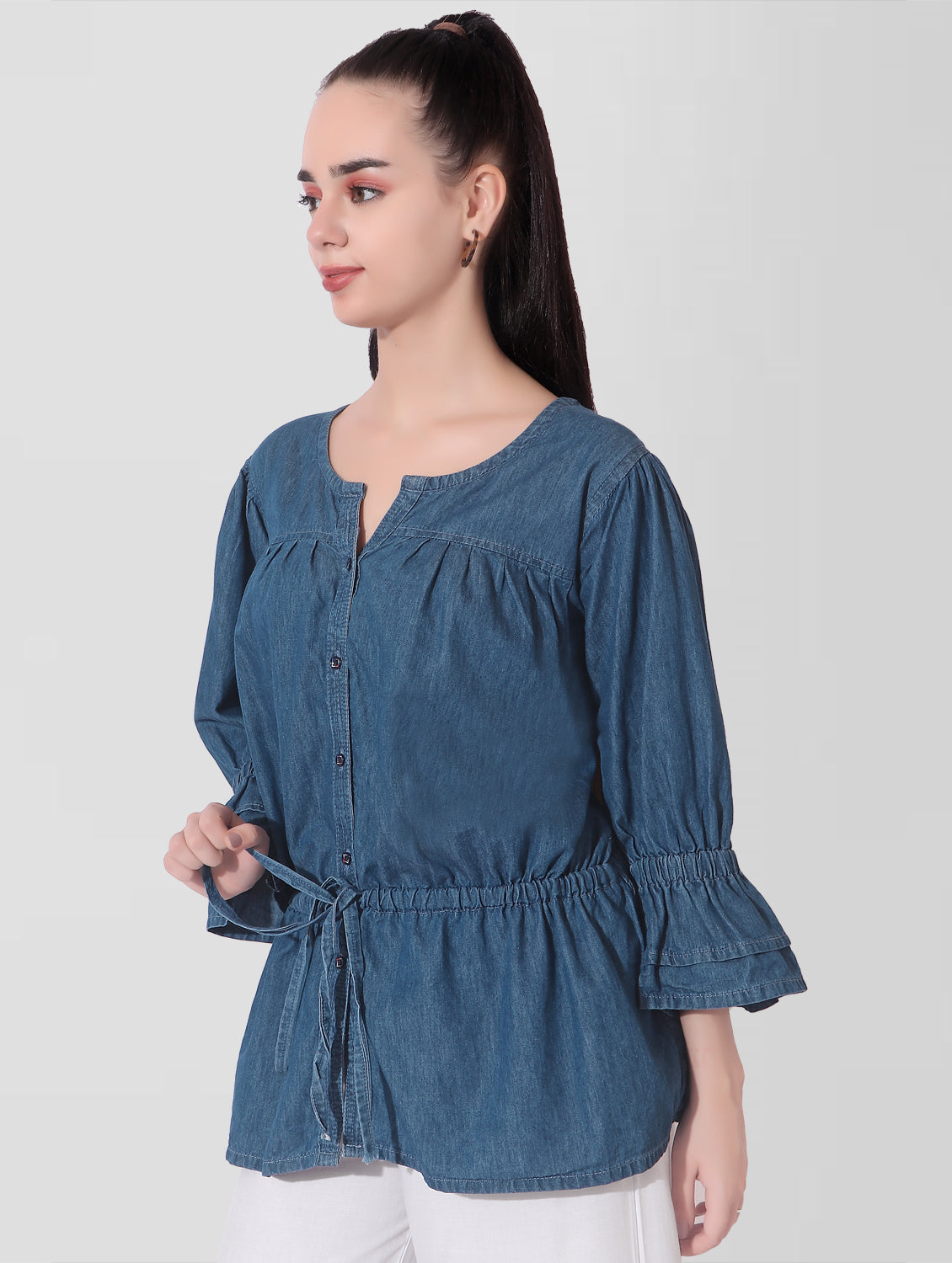 Detailed view of Henley neck and fully open button closure on Casual Women’s Blue Denim Top.