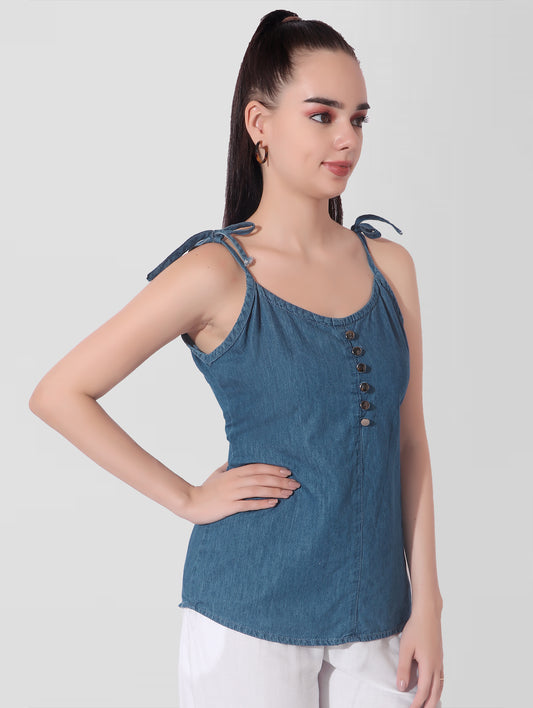 Stylish Cefalu Blue Denim Crop Top for Women – Sleeveless Design with Hip-Length Fit