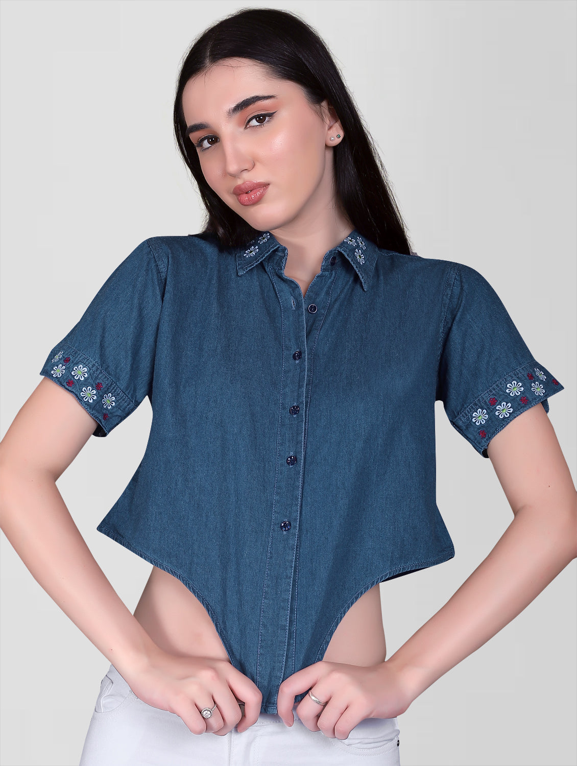 Front view of Women’s Blue Denim Embroidered Shirt Top featuring a collared neckline, half sleeves, and a knotted design.