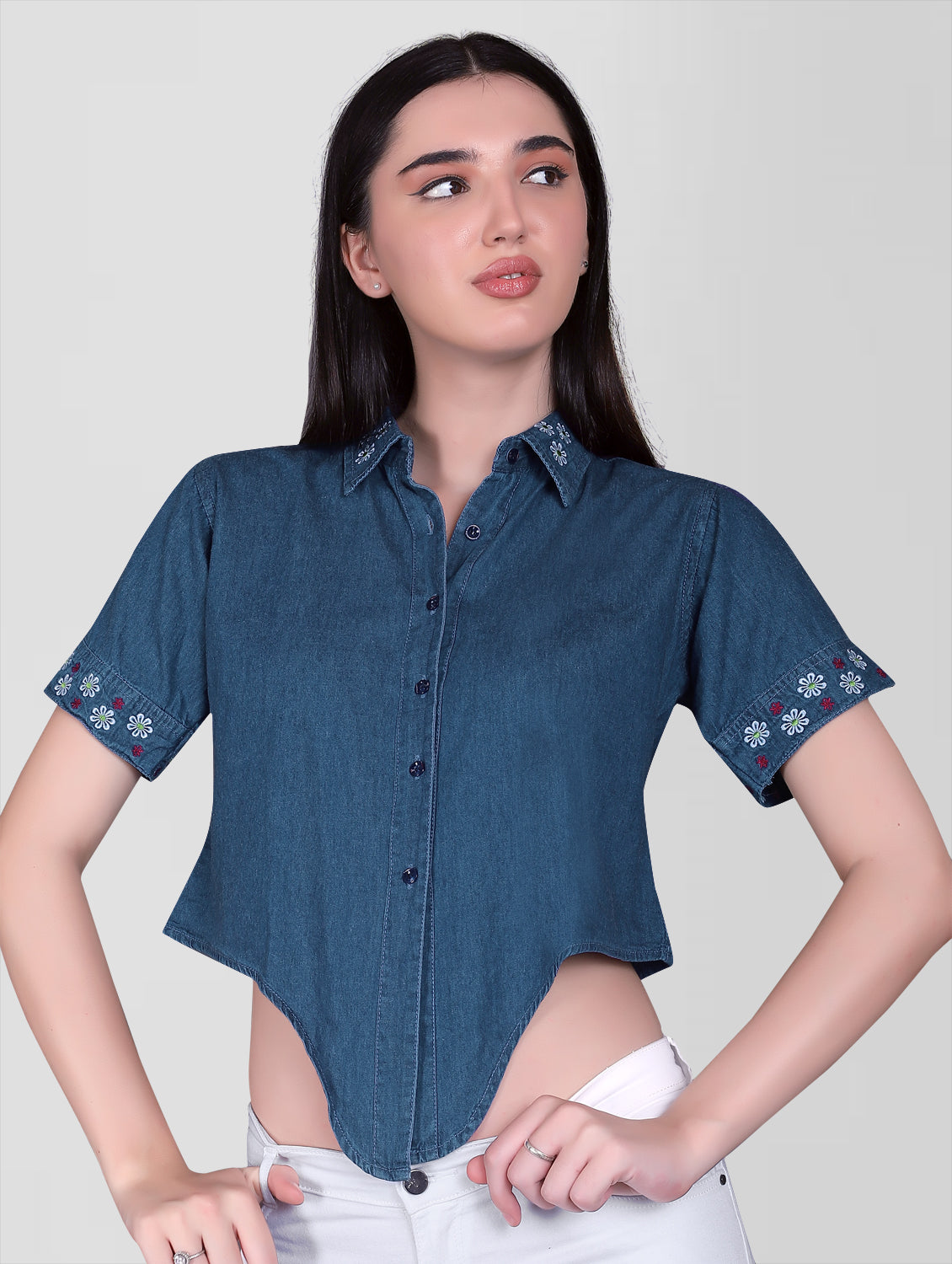 Women’s Blue Denim Embroidered Shirt Top styled with casual accessories, illustrating its versatility for various outfits.