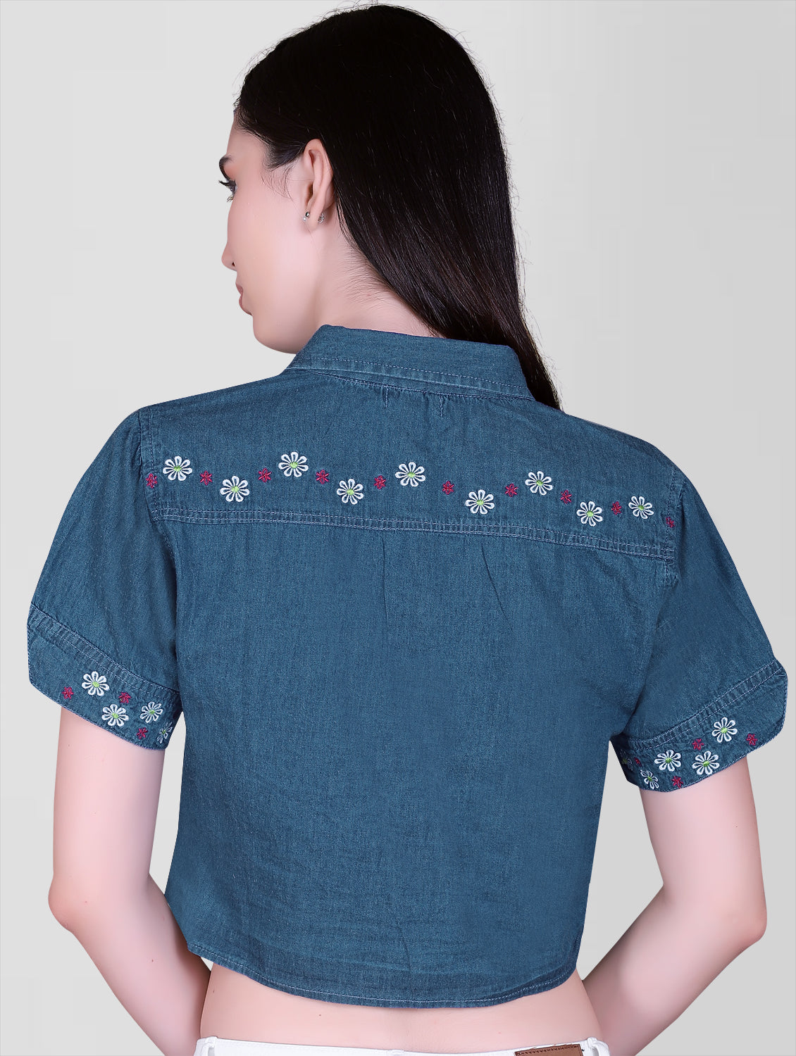 Back view of Women’s Blue Denim Shirt Top showing the clean finish and overall fit.
