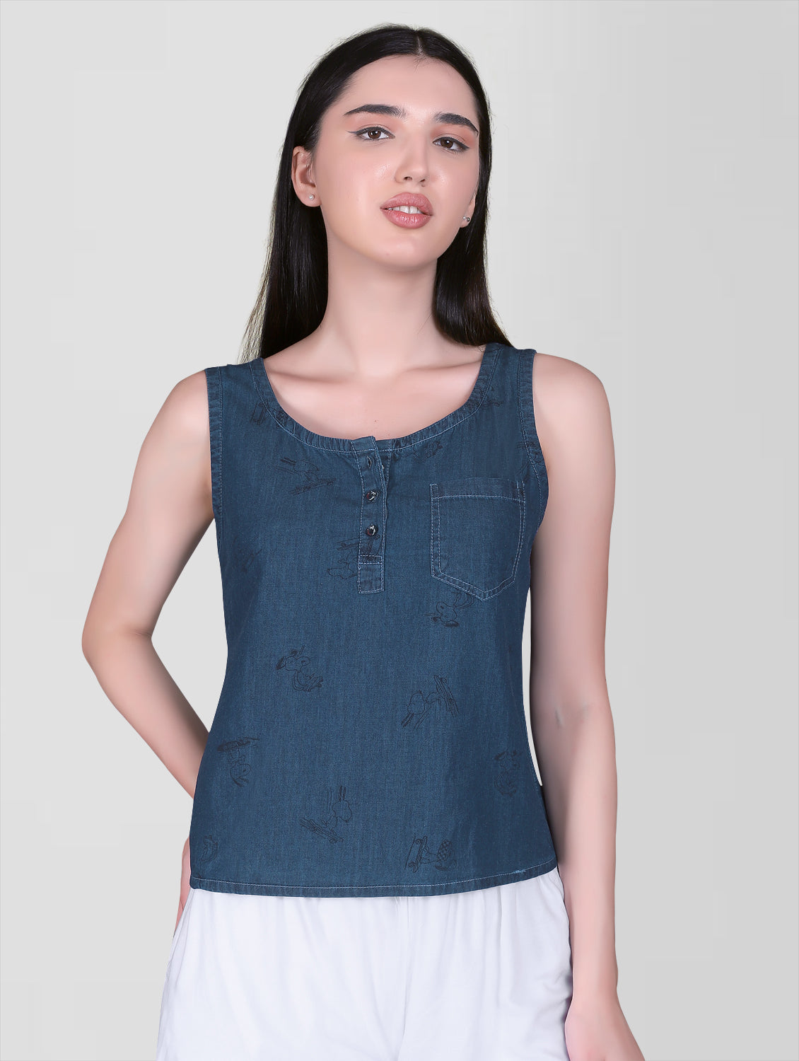 Cefalu Women’s Blue Denim Crop Top - Full front view showcasing sleeveless design and animal print detail.