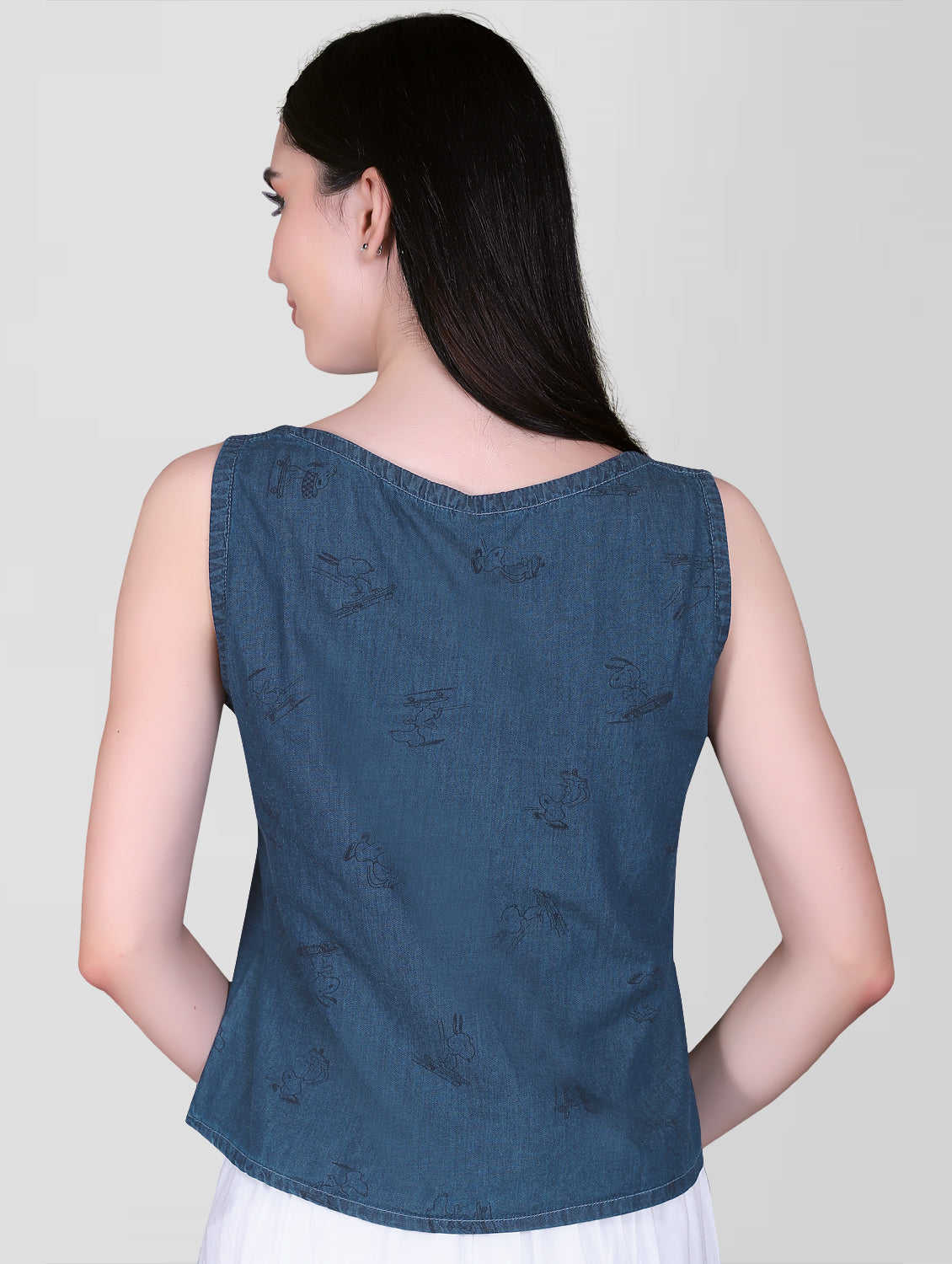 Back view of Cefalu Women’s Blue Denim Crop Top demonstrating the overall fit and sleeveless design.
