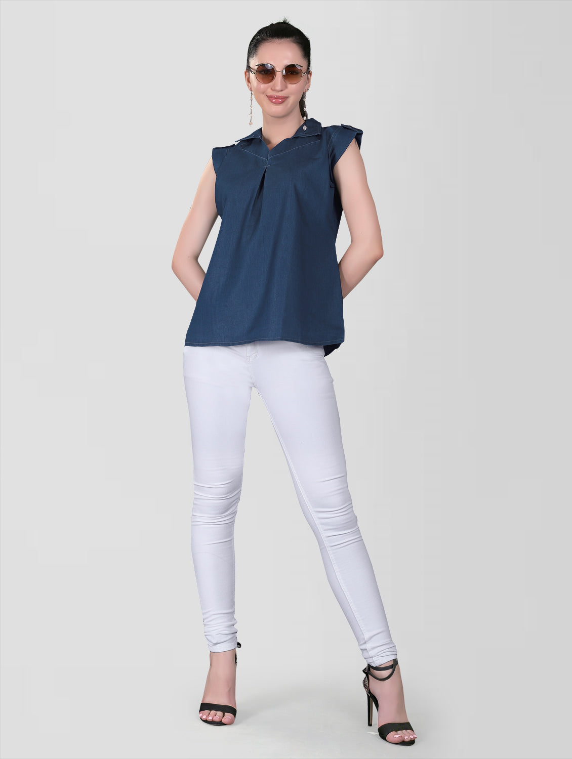 Model wearing Cap Sleeves Women’s Dark Blue Casual Top, featuring V-neck, cap sleeves, and half sleeves with luppi buttons.
