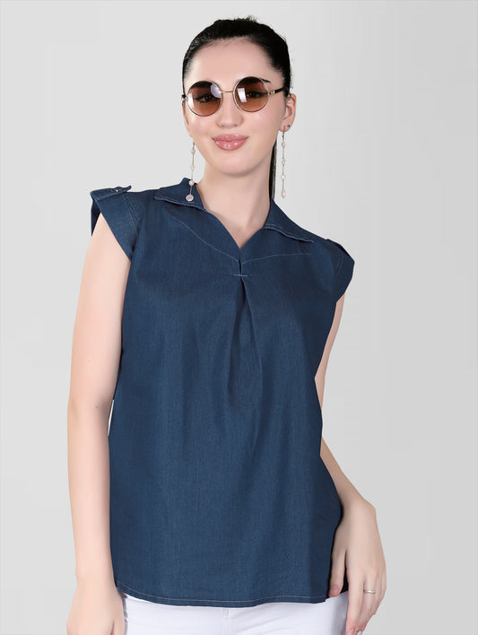 Close-up of cap sleeves on Cap Sleeves Women’s Dark Blue Casual Top.