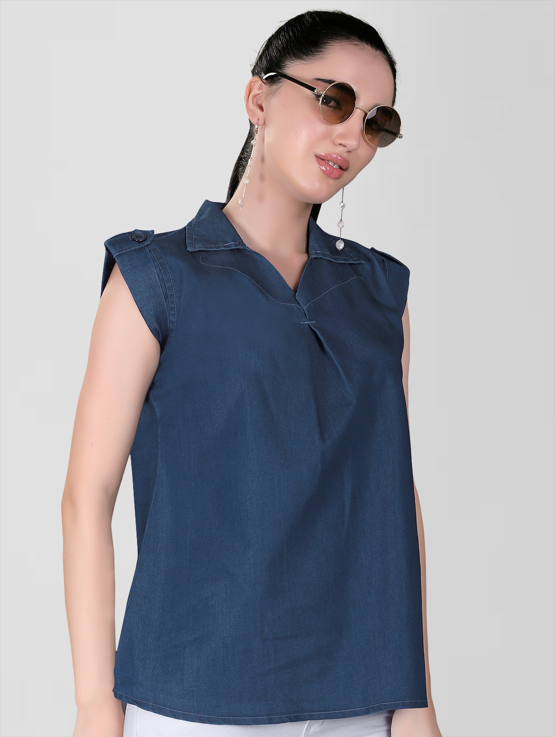 Side view of Cap Sleeves Women’s Dark Blue Casual Top showcasing cap sleeves and overall fit.