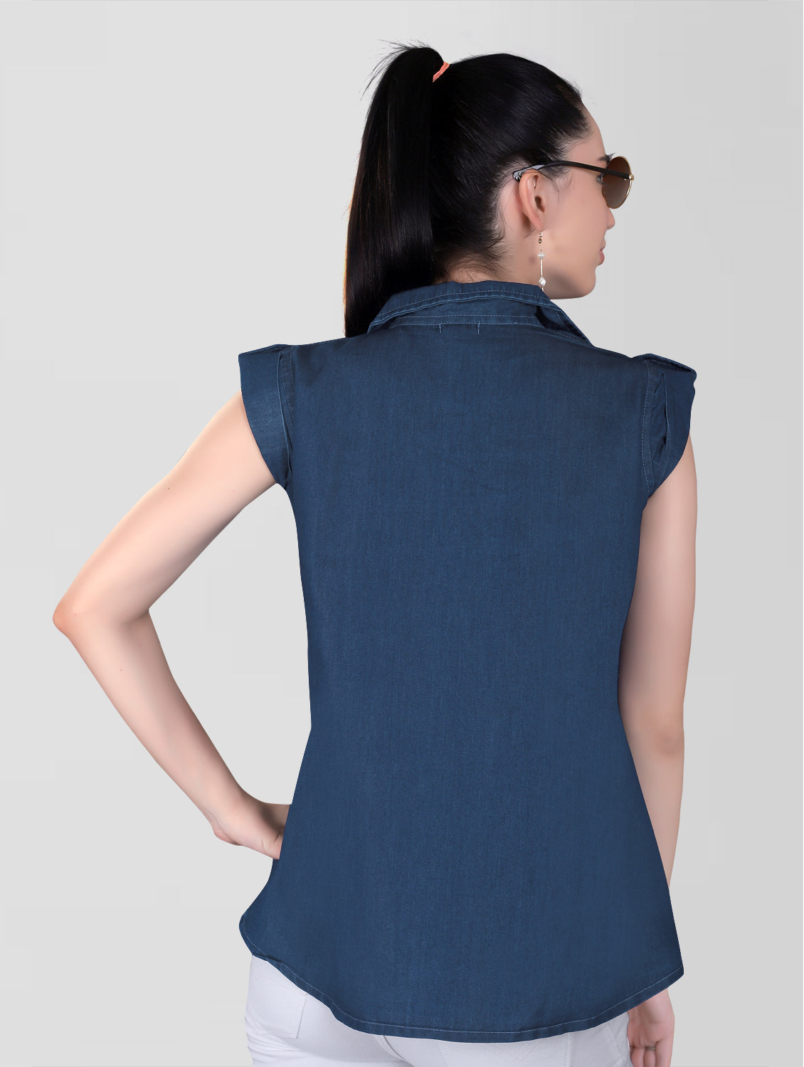 Back view of Cap Sleeves Women’s Dark Blue Casual Top displaying regular fit and design.