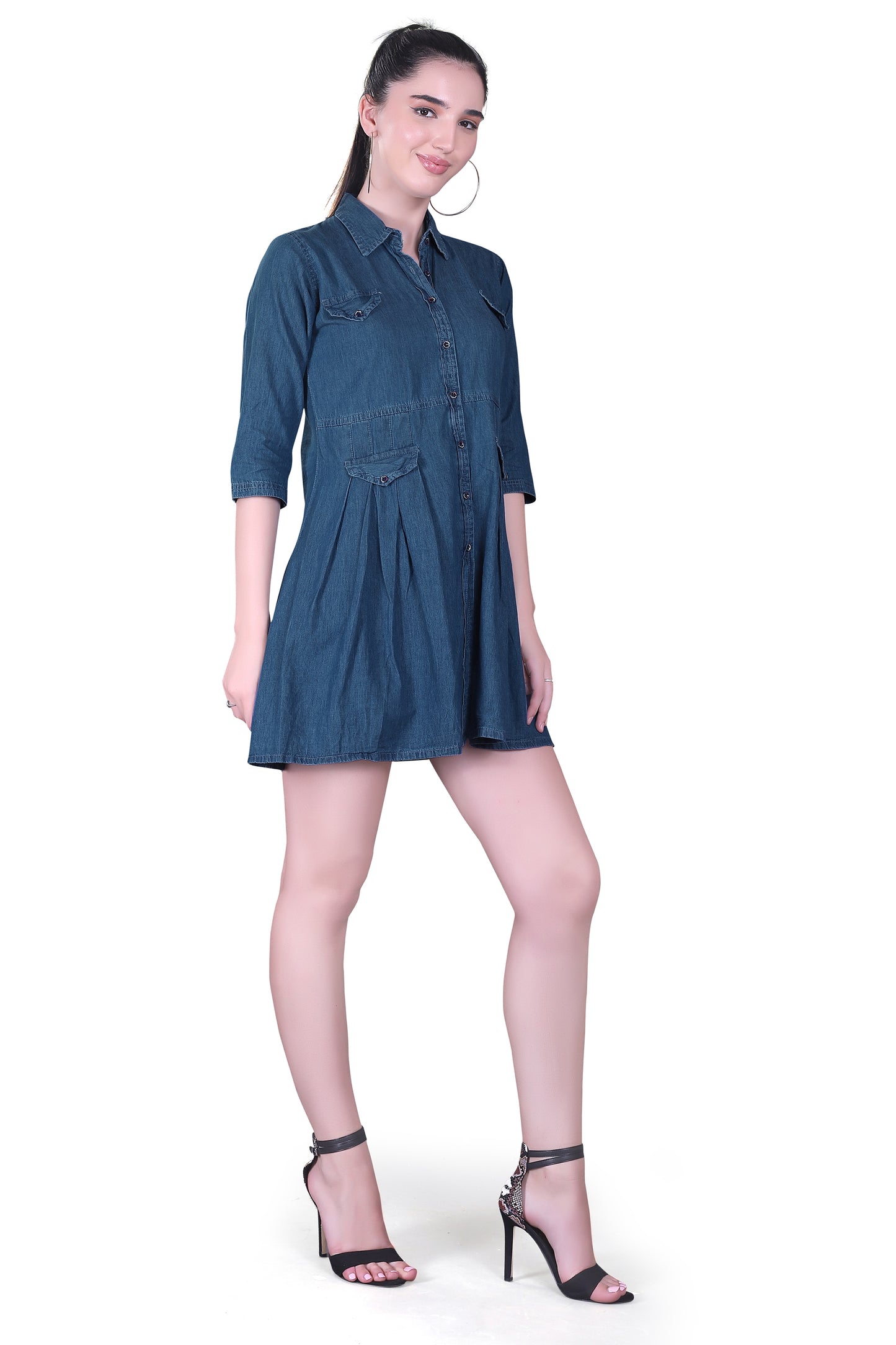Right side view of Cefalu Women’s Blue Denim Dress, displaying the dress's profile and 4-pocket design.
