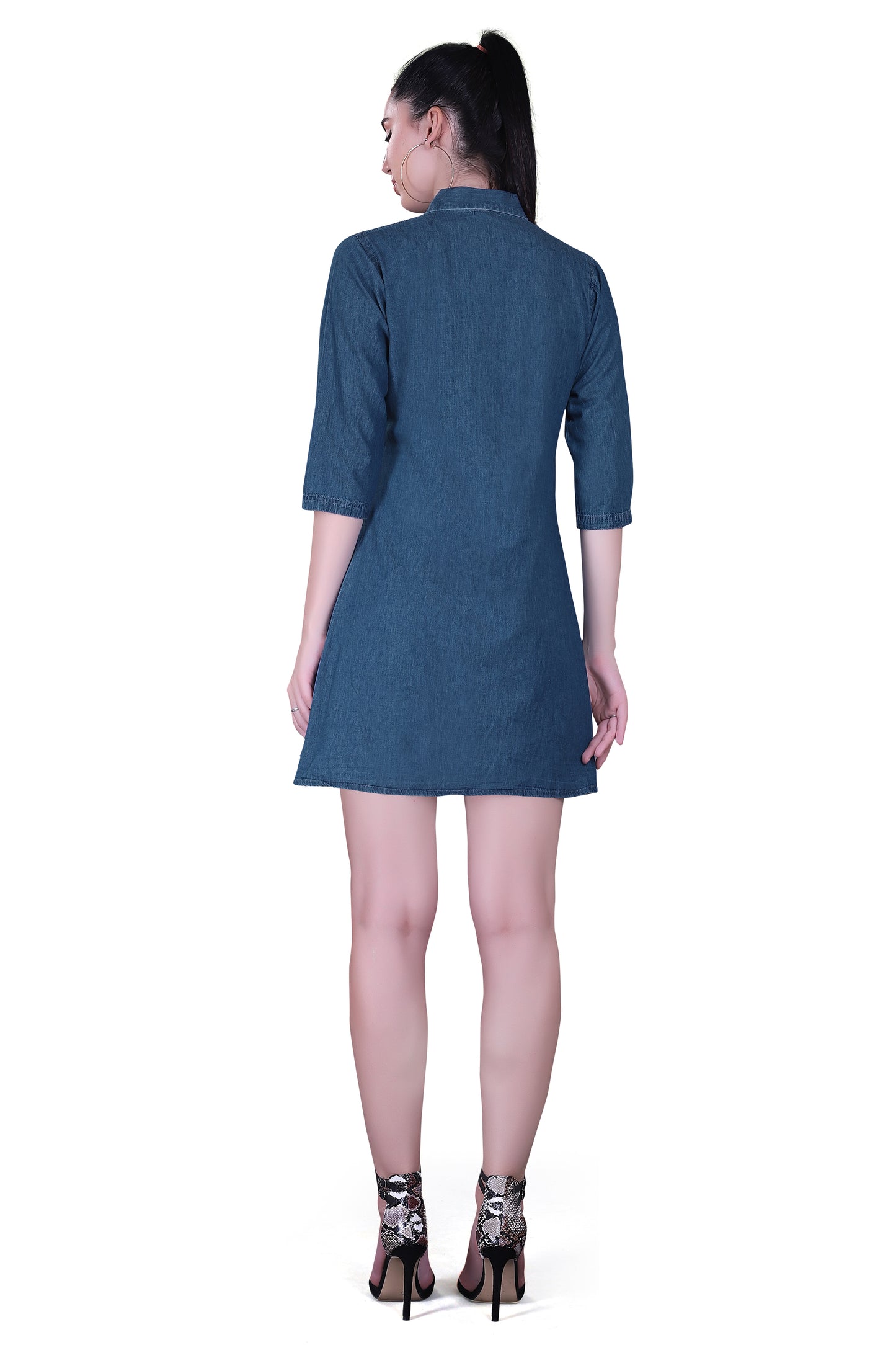 Back view of Cefalu Women’s Blue Denim Dress, showing the smooth design and overall fit.