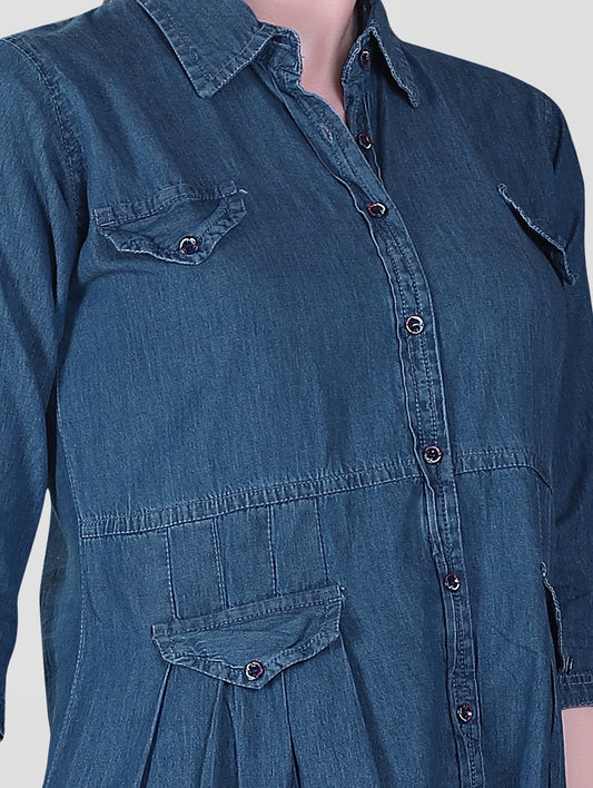 Close-up view of Cefalu Women’s Blue Denim Dress, highlighting the soft denim fabric, 3/4 sleeves, and shirt collar.