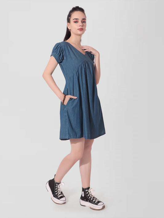 Fit and Flare Puff Sleeve Blue Dress