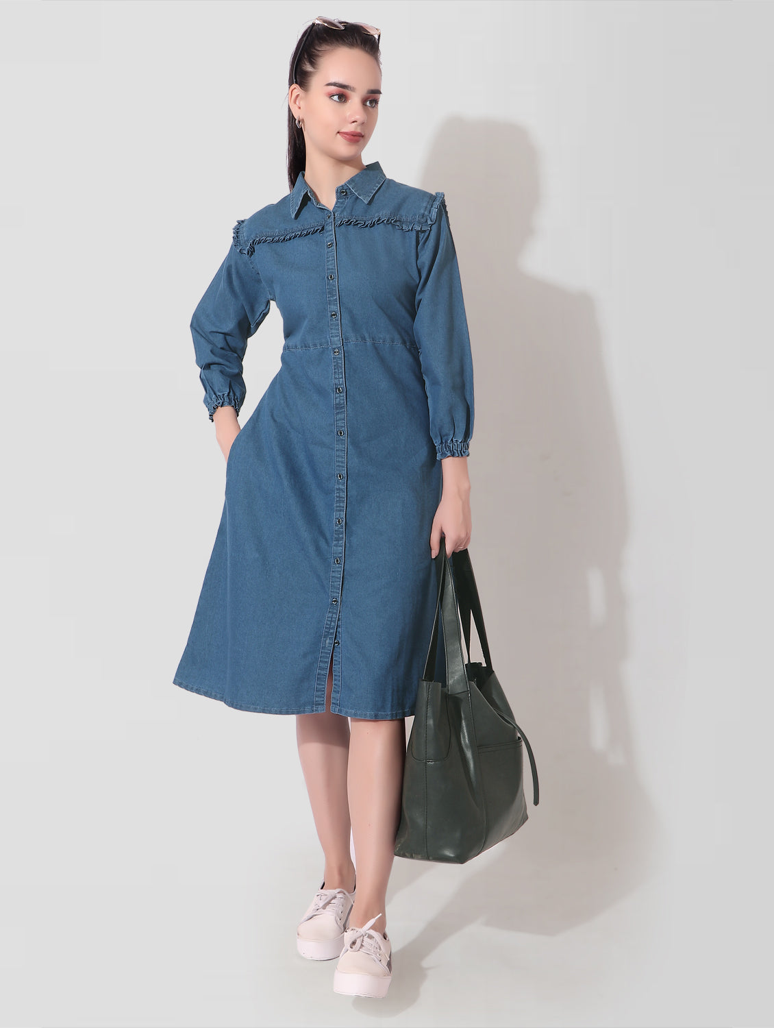Cefalu®️ Women Denim Cloud Wash Cotton Blue Long Dress