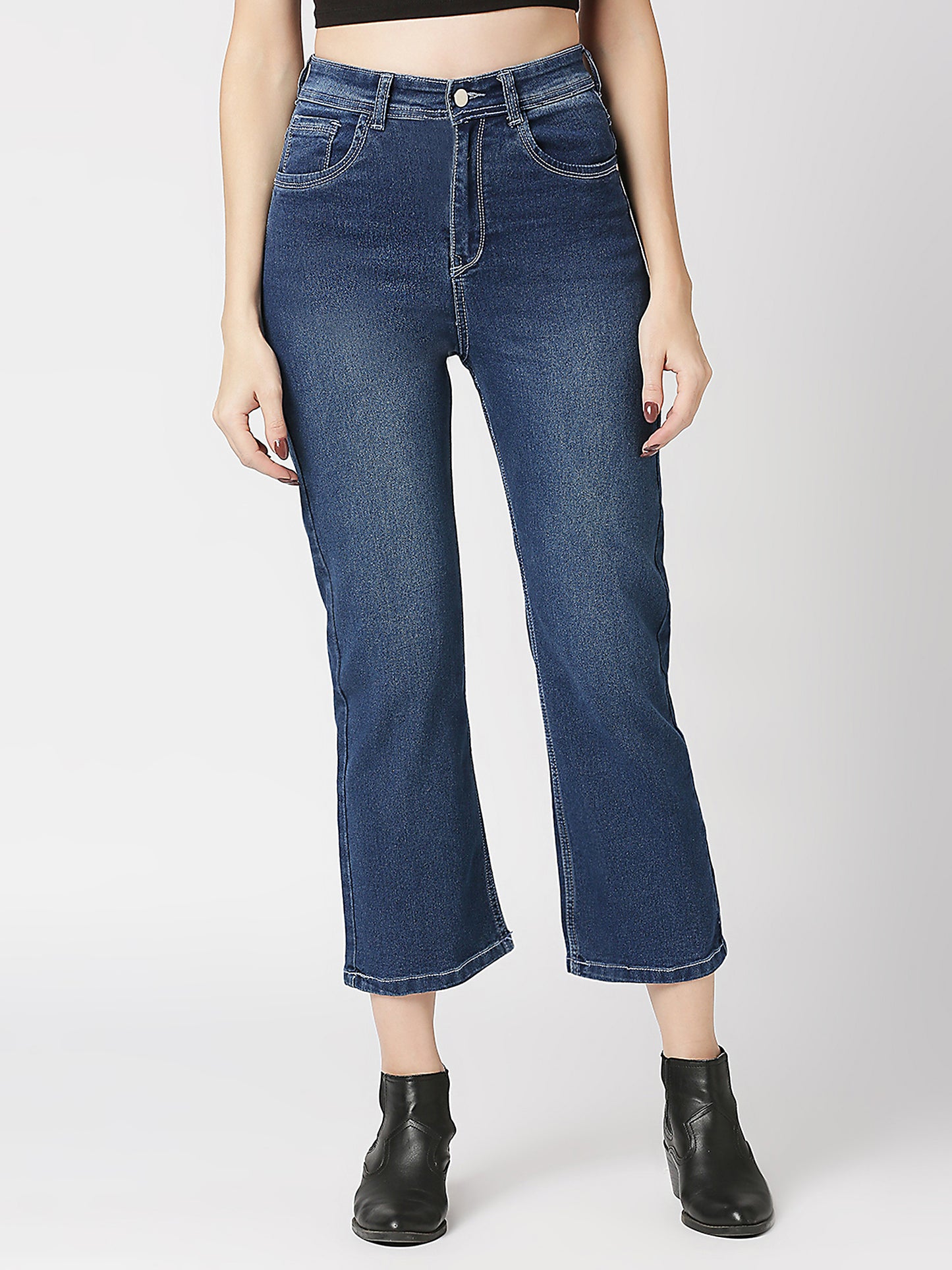 Cefalu®️ Blue Straight Fit Moms Jeans for Women High Waist Ankle Length Boyfriend Stretchable Denim Pants